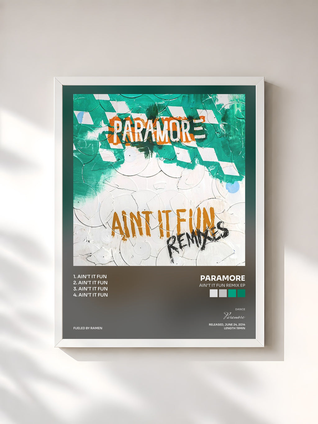 #blanc Tableau de l'album Ain't It Fun Remix EP de Paramore, cadre blanc, imprimé et encadré en France