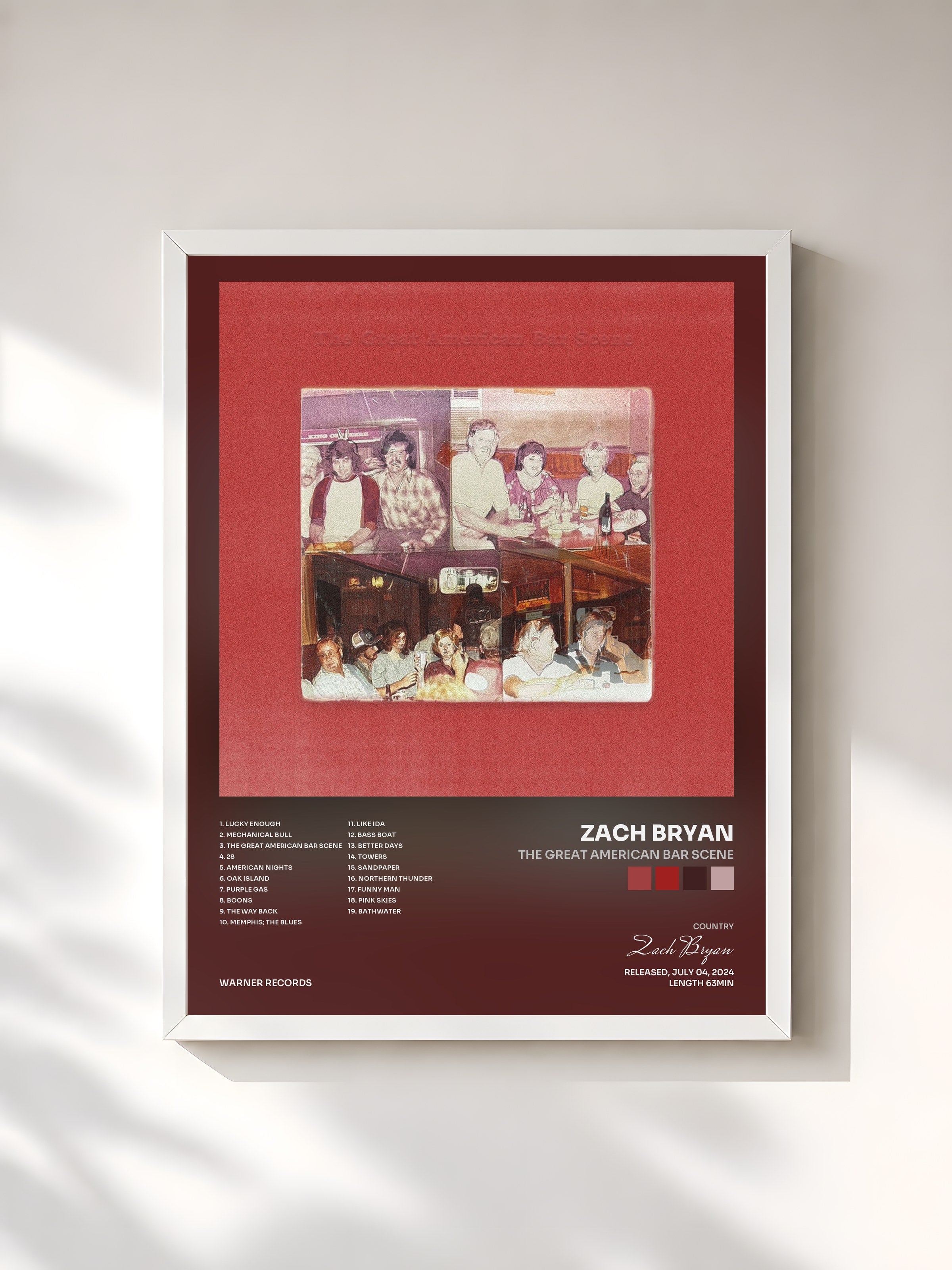 #blanc Tableau de l'album The Great American Bar Scene de Zach Bryan, cadre blanc, imprimé et encadré en France