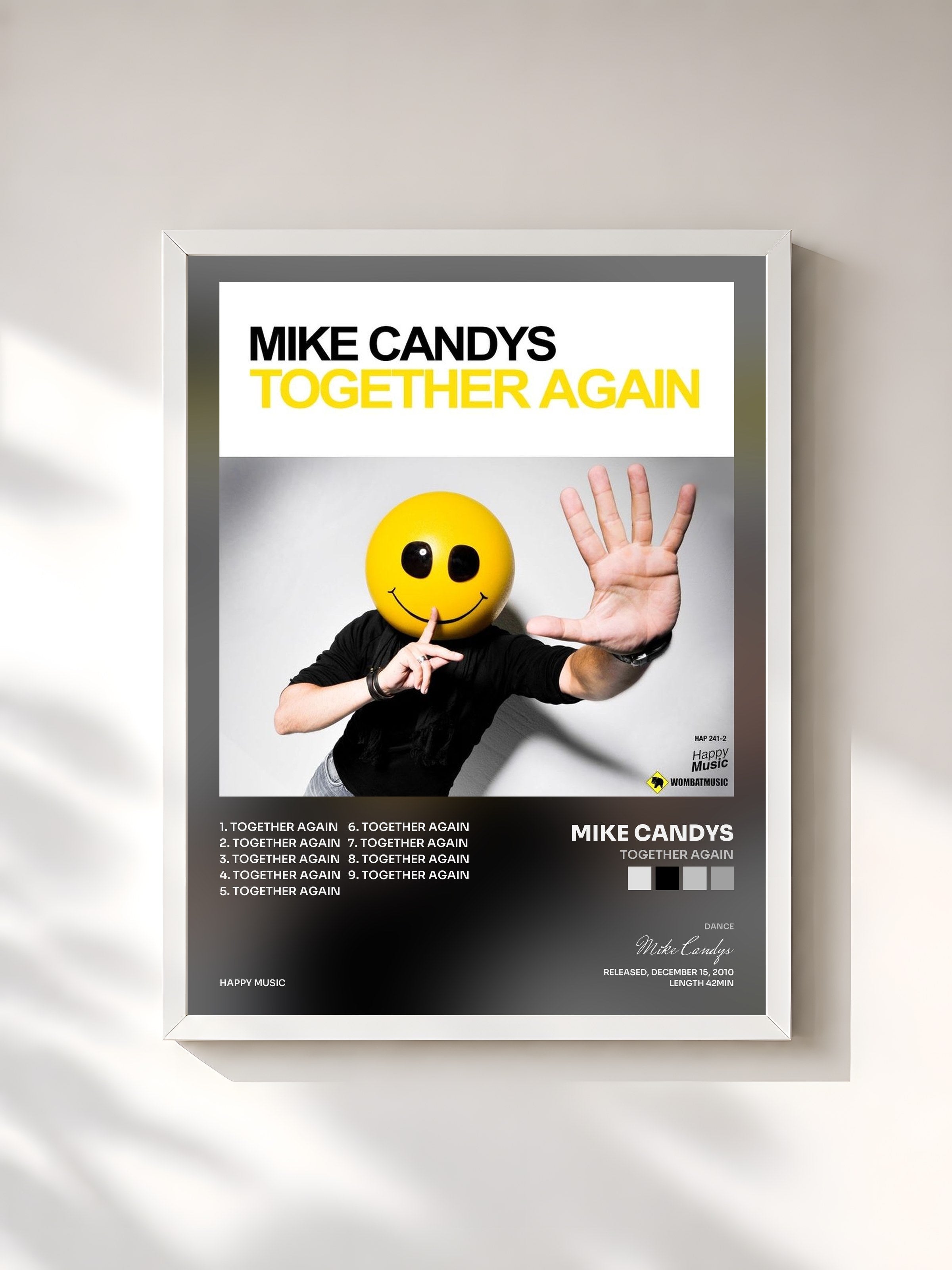 #blanc Tableau de l'album Together Again de Mike Candys, cadre blanc, imprimé et encadré en France