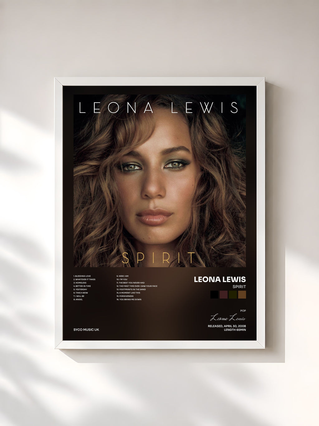 #blanc Tableau de l'album Spirit de Leona Lewis, cadre blanc, imprimé et encadré en France