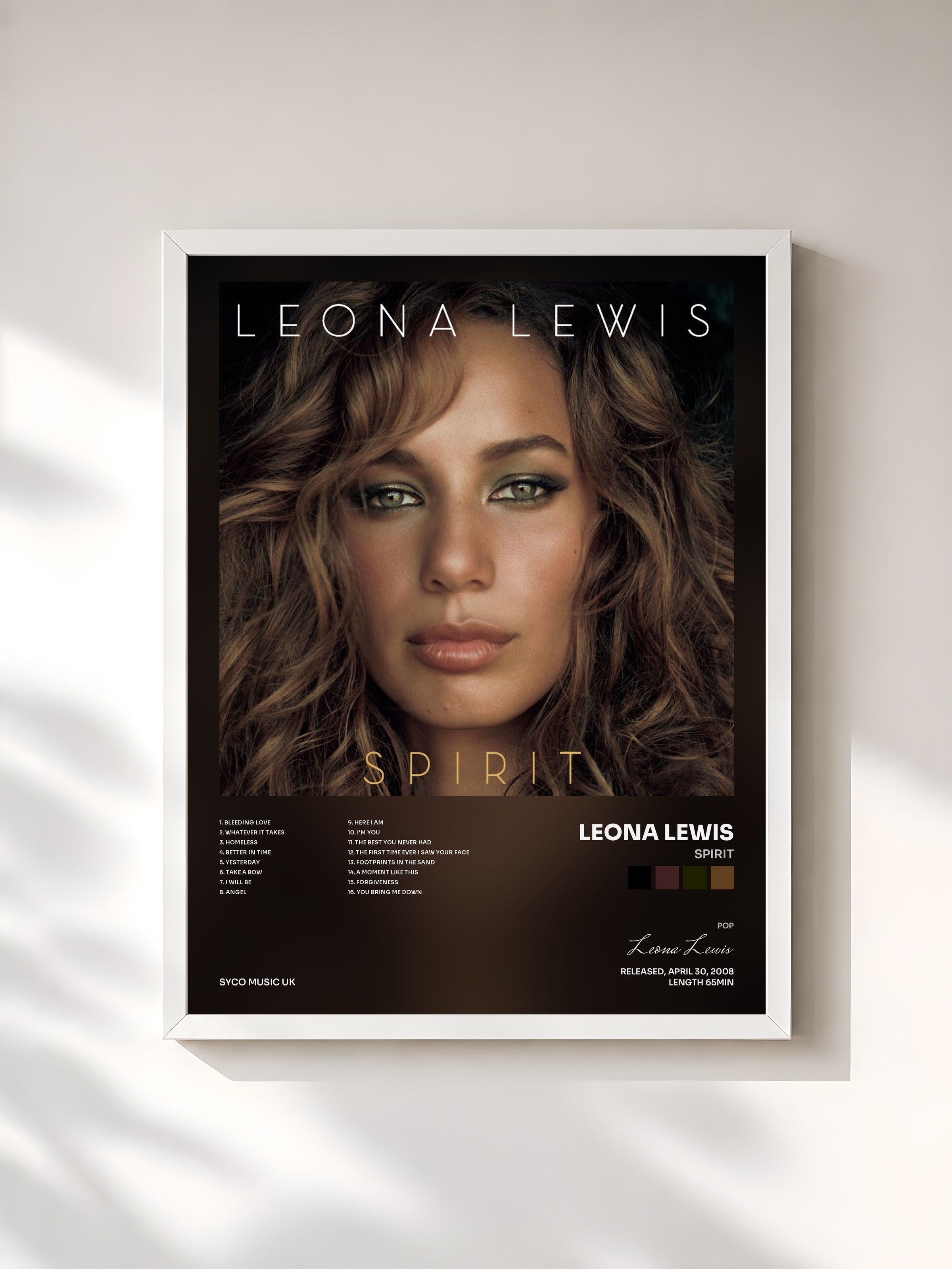 #blanc Tableau de l'album Spirit de Leona Lewis, cadre blanc, imprimé et encadré en France