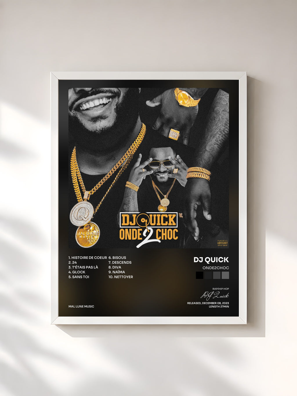 #blanc Tableau de l'album Onde2Choc de DJ Quick, cadre blanc, imprimé et encadré en France