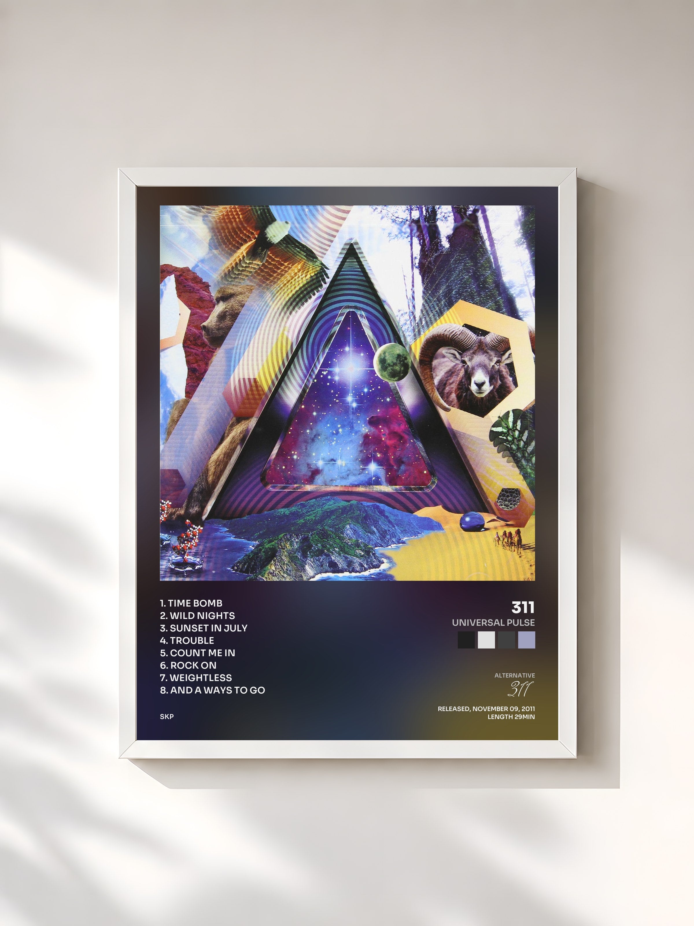 #blanc Tableau de l'album Universal Pulse de 311, cadre blanc, imprimé et encadré en France