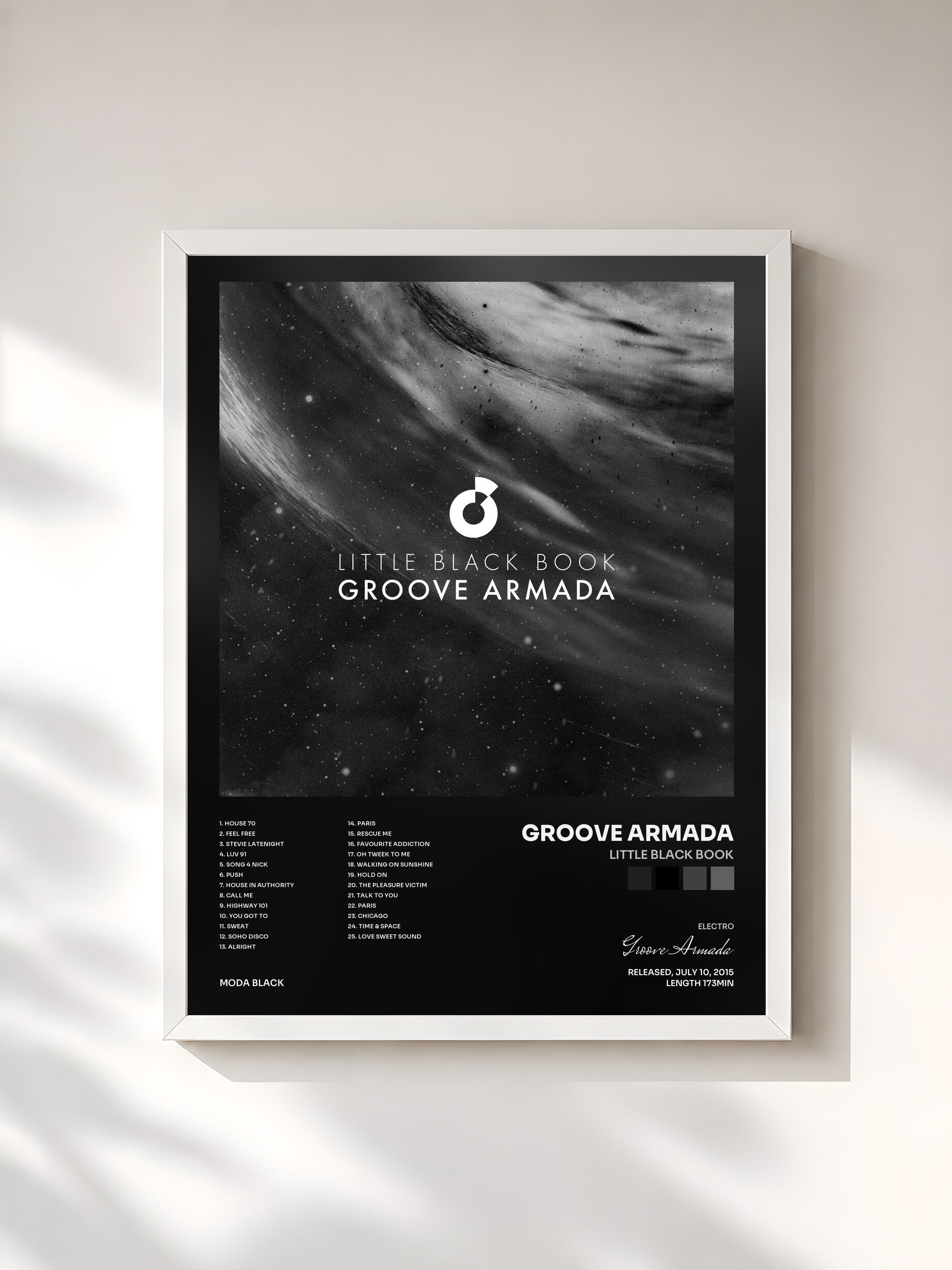 #blanc Tableau de l'album Little Black Book de Groove Armada, cadre blanc, imprimé et encadré en France