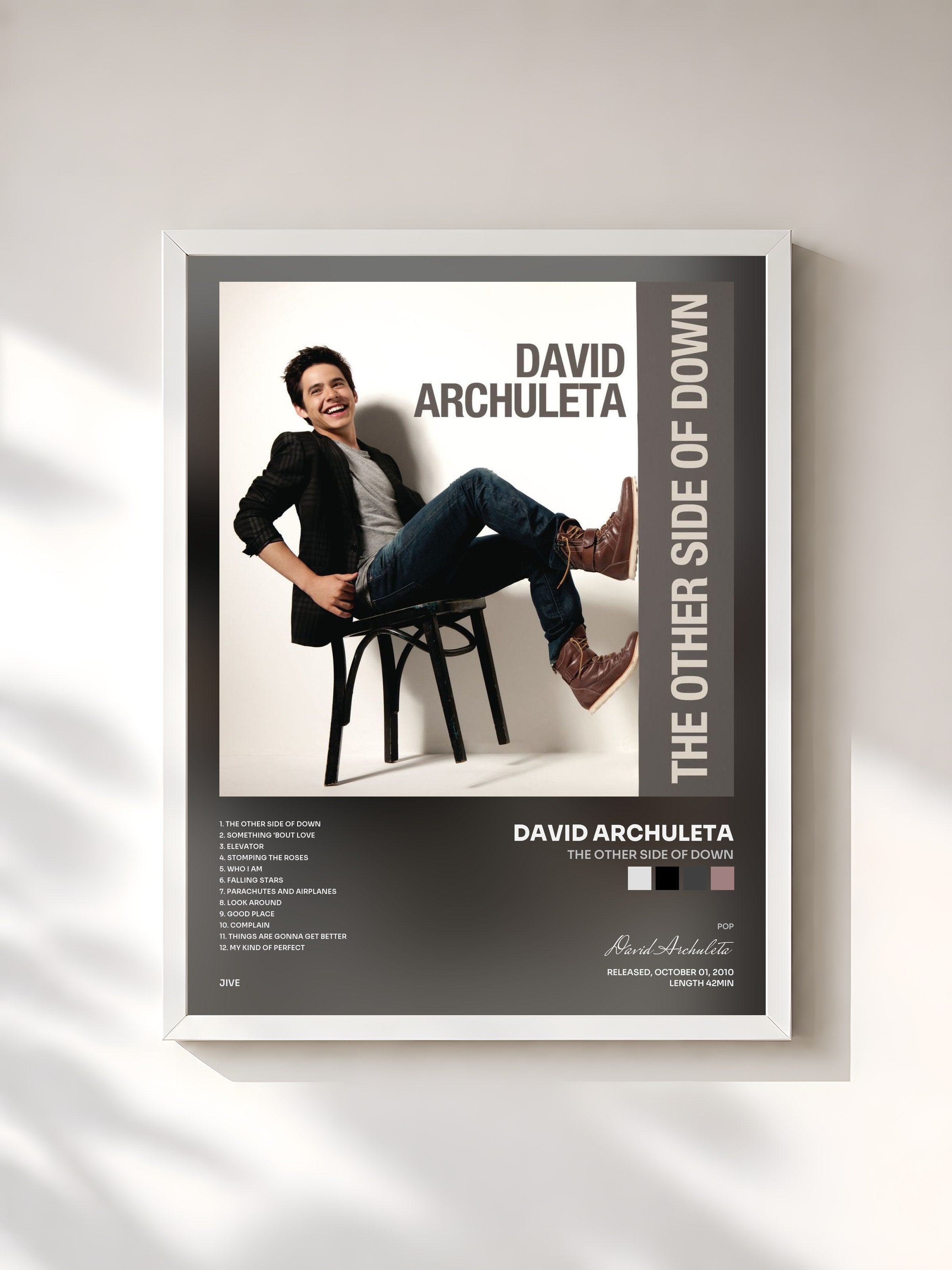 #blanc Tableau de l'album The Other Side of Down de David Archuleta, cadre blanc, imprimé et encadré en France