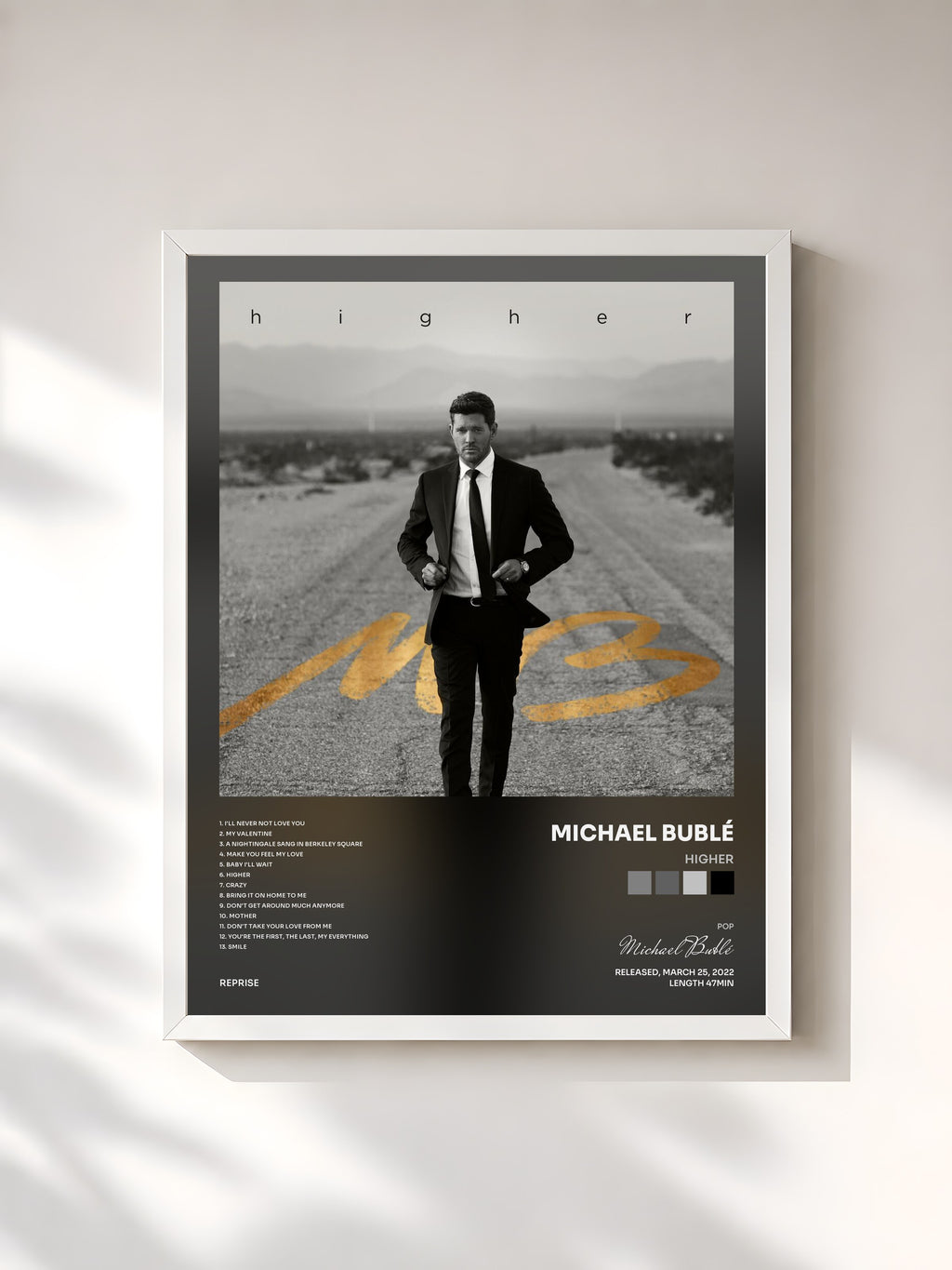 #blanc Tableau de l'album Higher de Michael Bublé, cadre blanc, imprimé et encadré en France