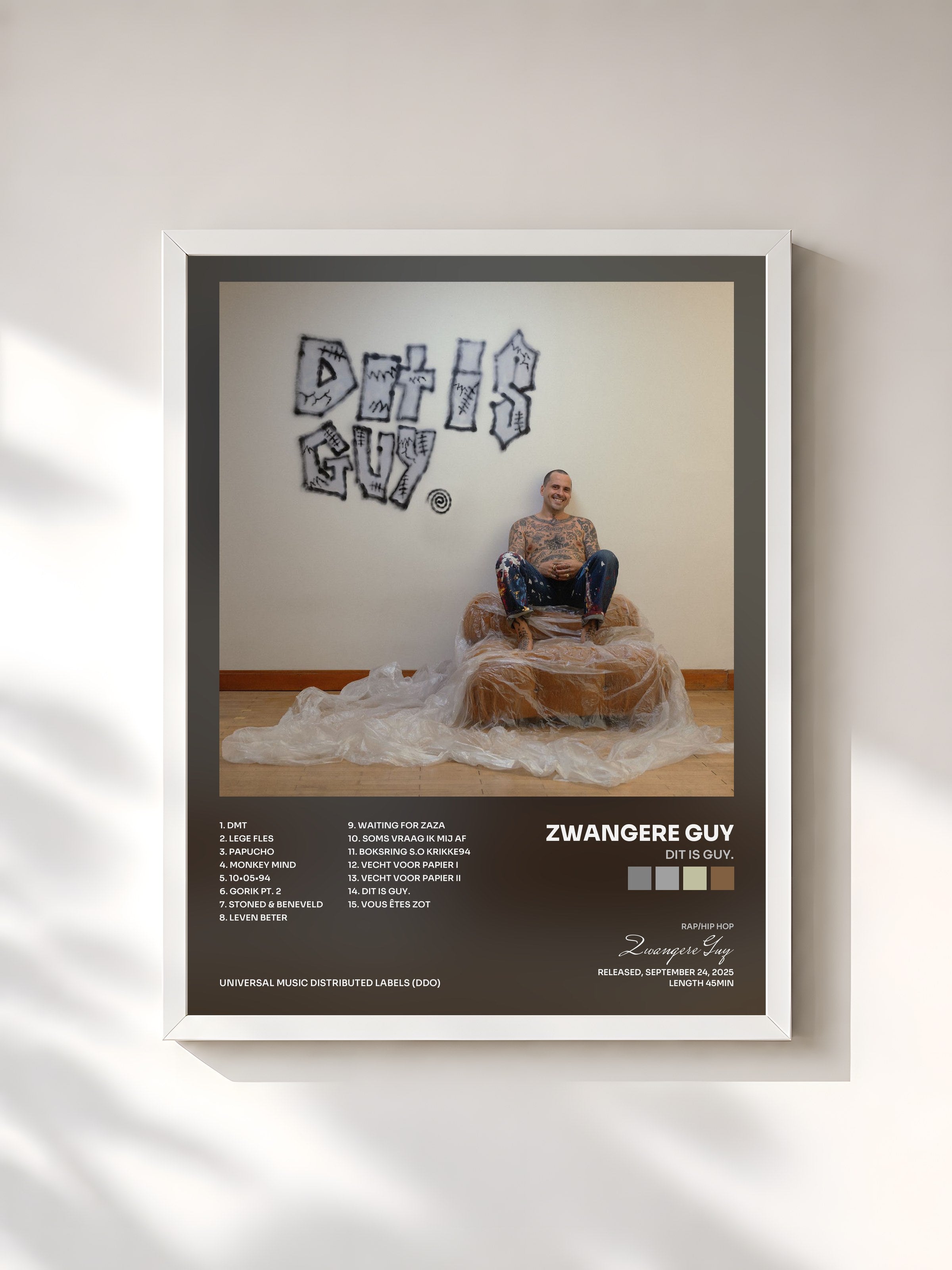 #blanc Tableau de l'album Dit is Guy. de Zwangere Guy, cadre blanc, imprimé et encadré en France