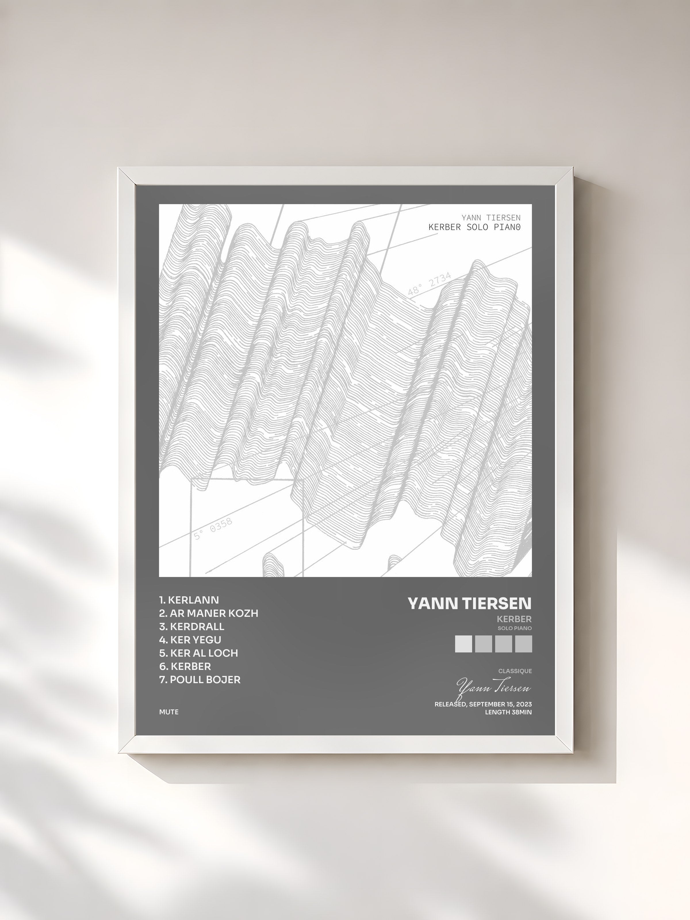 #blanc Tableau de l'album Kerber (Solo Piano) de Yann Tiersen, cadre blanc, imprimé et encadré en France