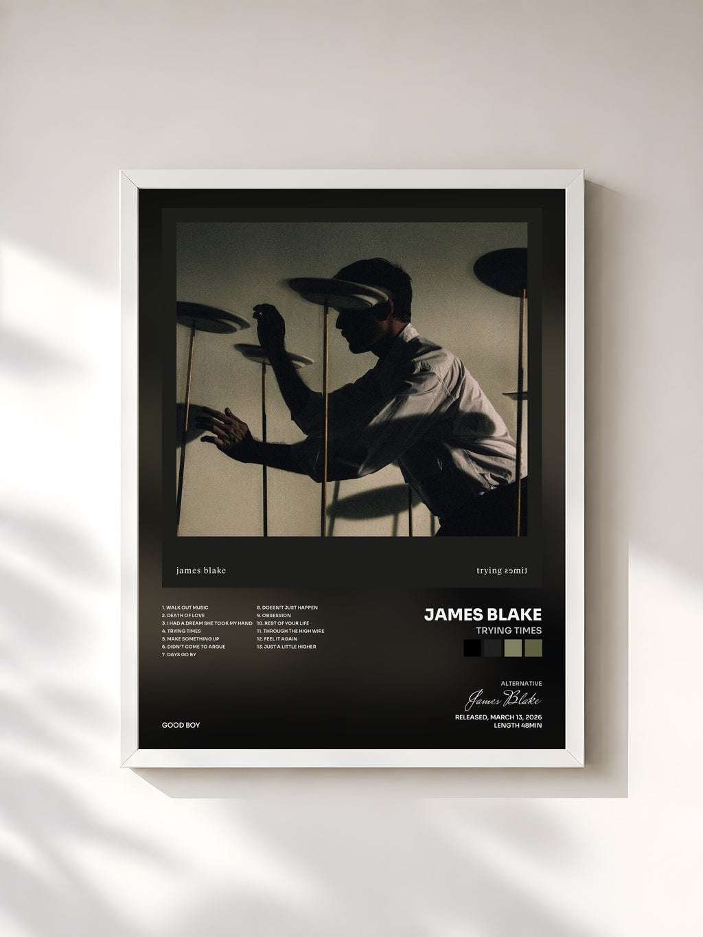 #blanc Tableau de l'album Trying Times de James Blake, cadre blanc, imprimé et encadré en France