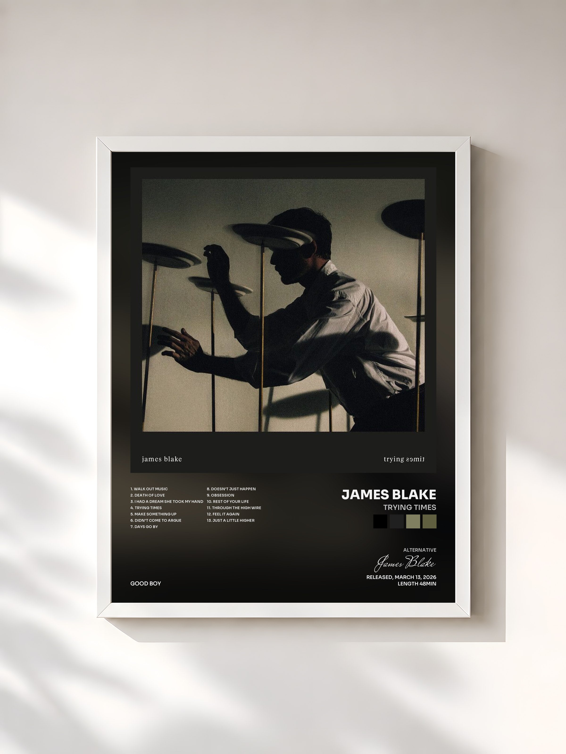 #blanc Tableau de l'album Trying Times de James Blake, cadre blanc, imprimé et encadré en France