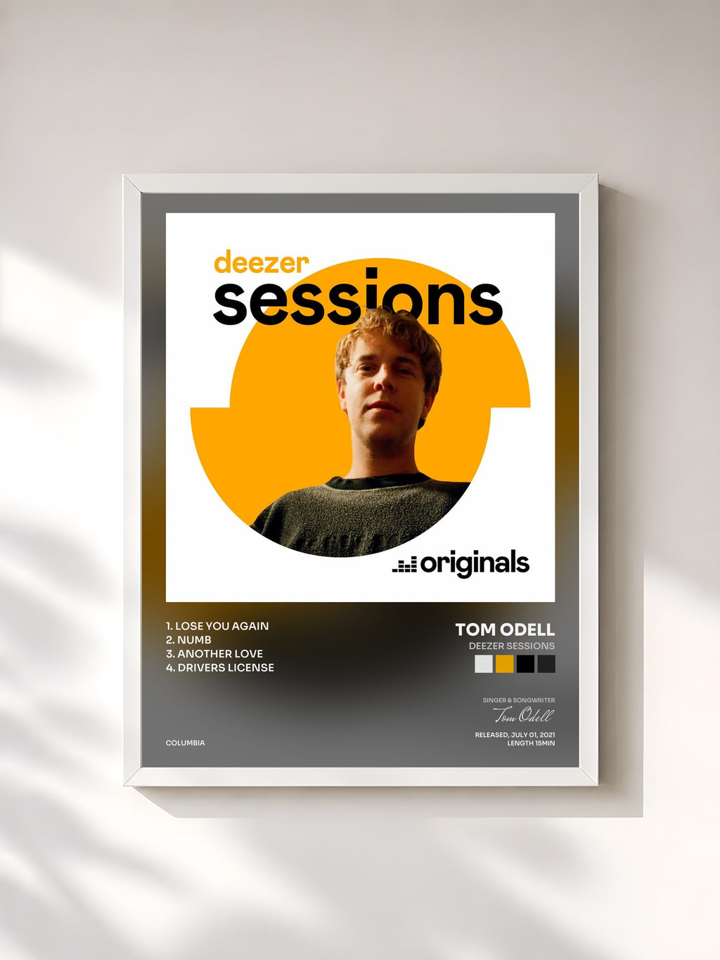 #blanc Tableau de l'album Deezer Sessions de Tom Odell, cadre blanc, imprimé et encadré en France