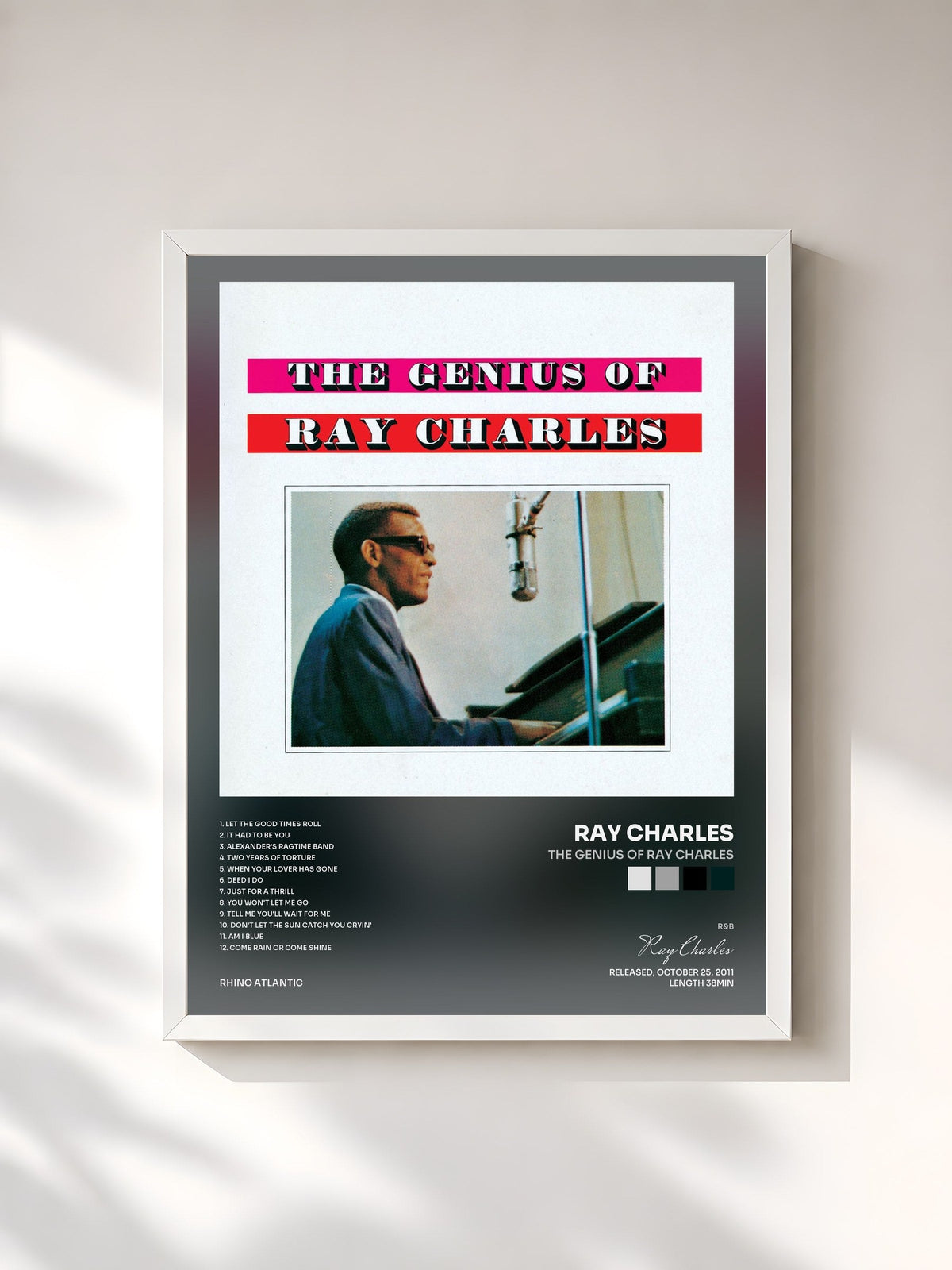 #blanc Tableau de l'album The Genius Of Ray Charles de Ray Charles, cadre blanc, imprimé et encadré en France
