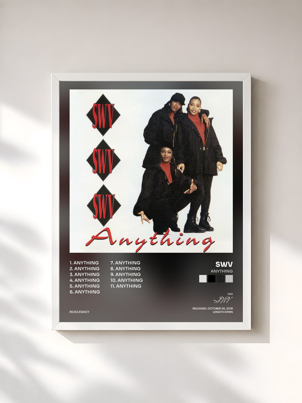 #blanc Tableau de l'album Anything de SWV, cadre blanc, imprimé et encadré en France