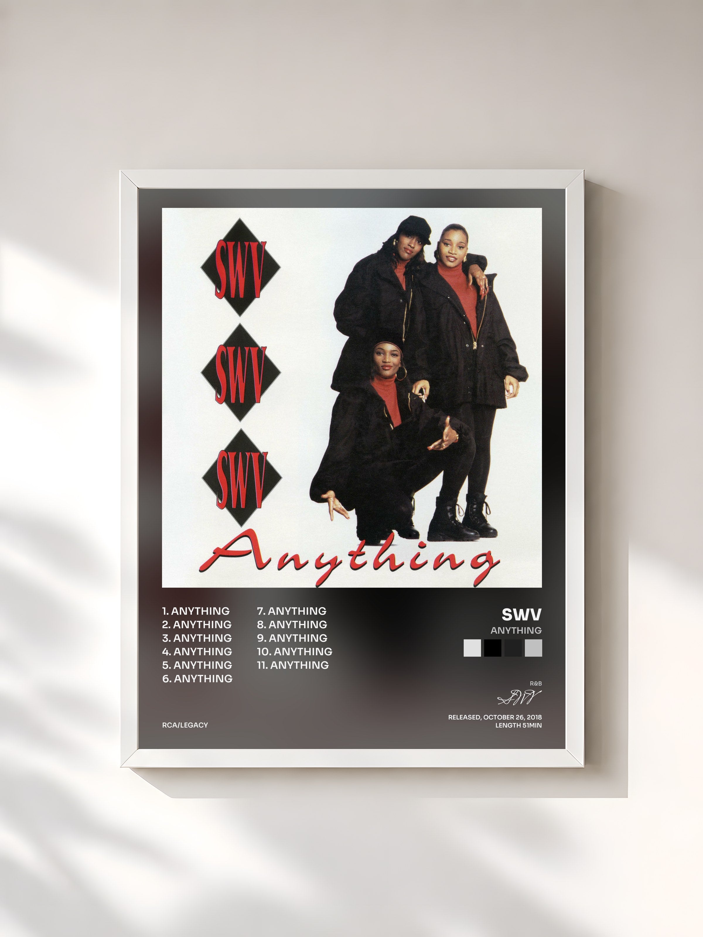 #blanc Tableau de l'album Anything de SWV, cadre blanc, imprimé et encadré en France
