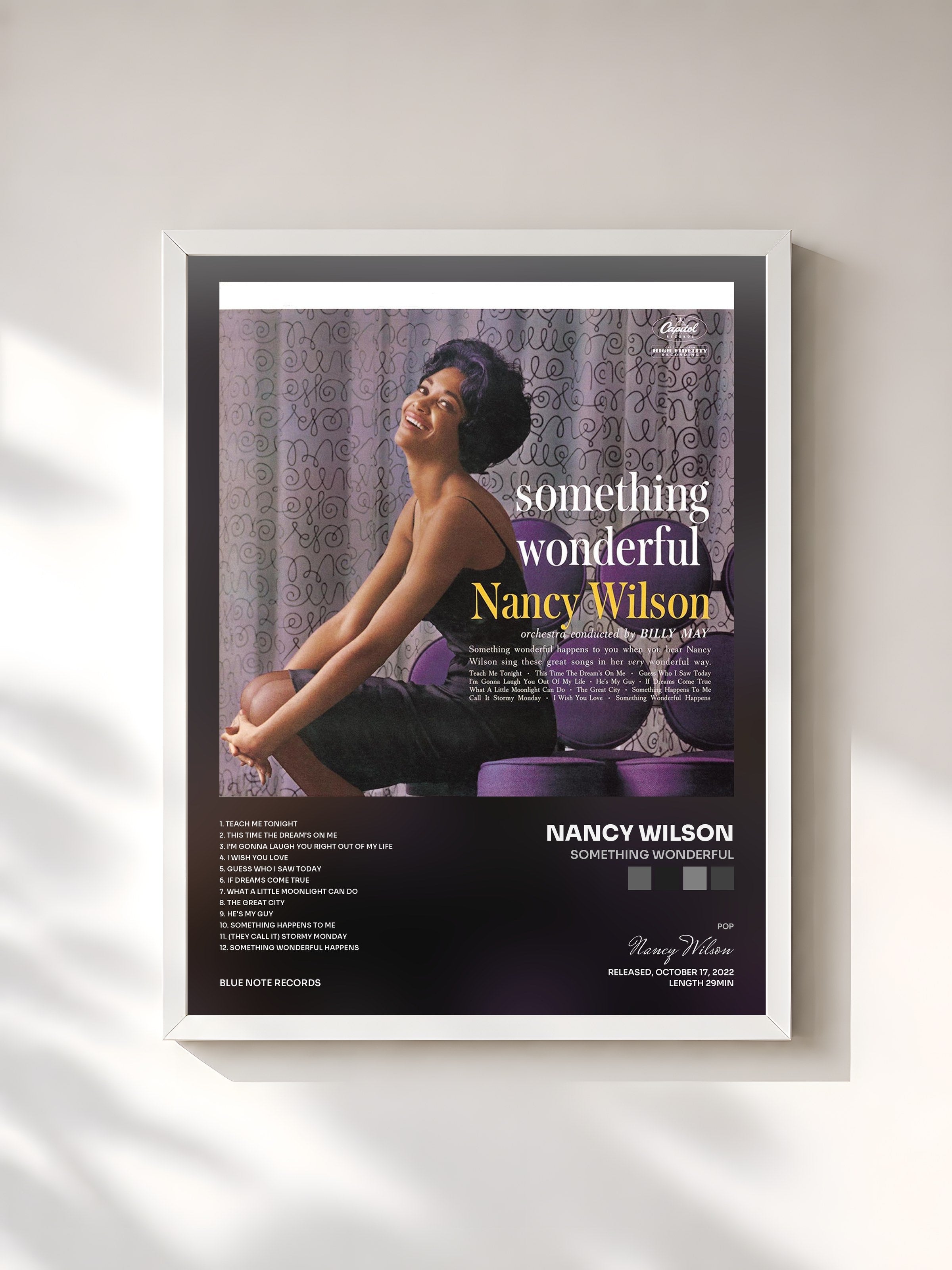 #blanc Tableau de l'album Something Wonderful de Nancy Wilson, cadre blanc, imprimé et encadré en France