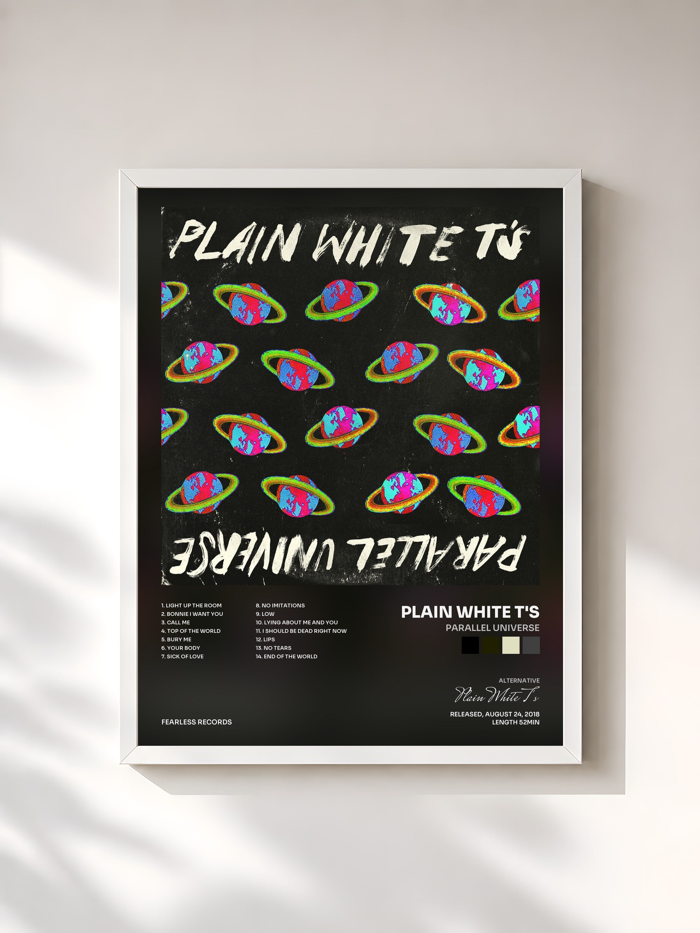 #blanc Tableau de l'album Parallel Universe de Plain White T's, cadre blanc, imprimé et encadré en France