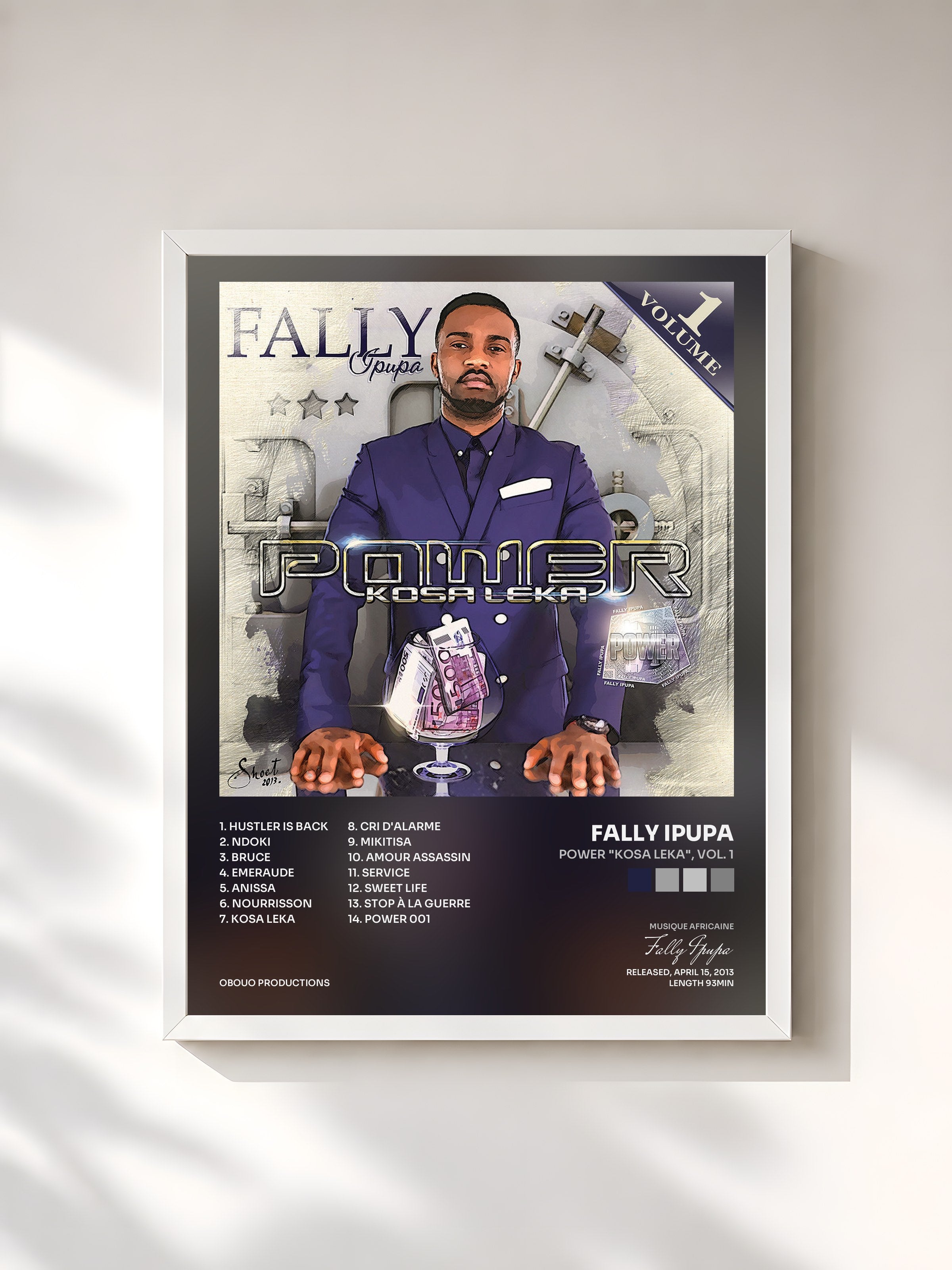 #blanc Tableau de l'album Power "Kosa Leka", Vol. 1 de Fally Ipupa, cadre blanc, imprimé et encadré en France