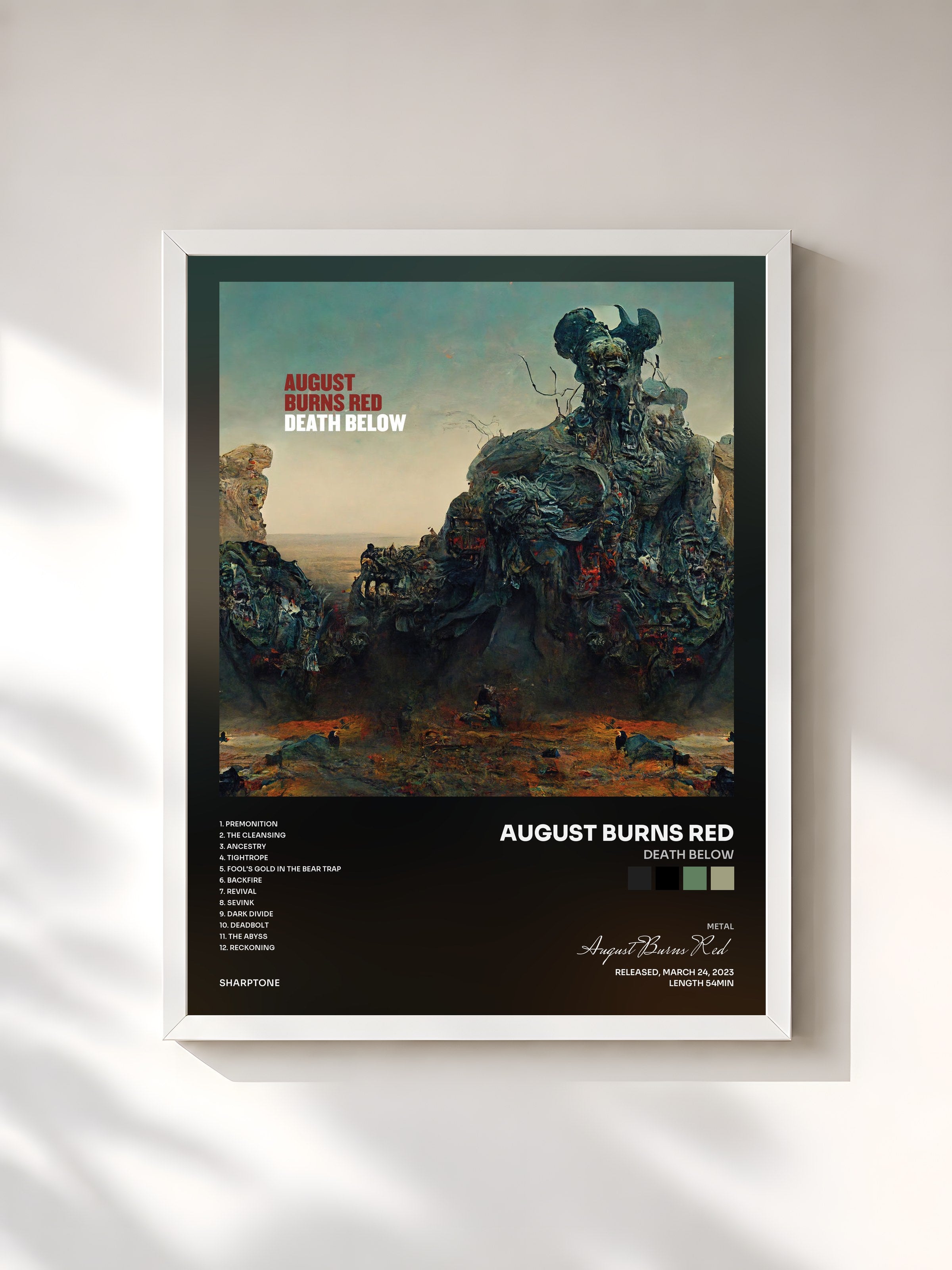 #blanc Tableau de l'album Death Below de August Burns Red, cadre blanc, imprimé et encadré en France