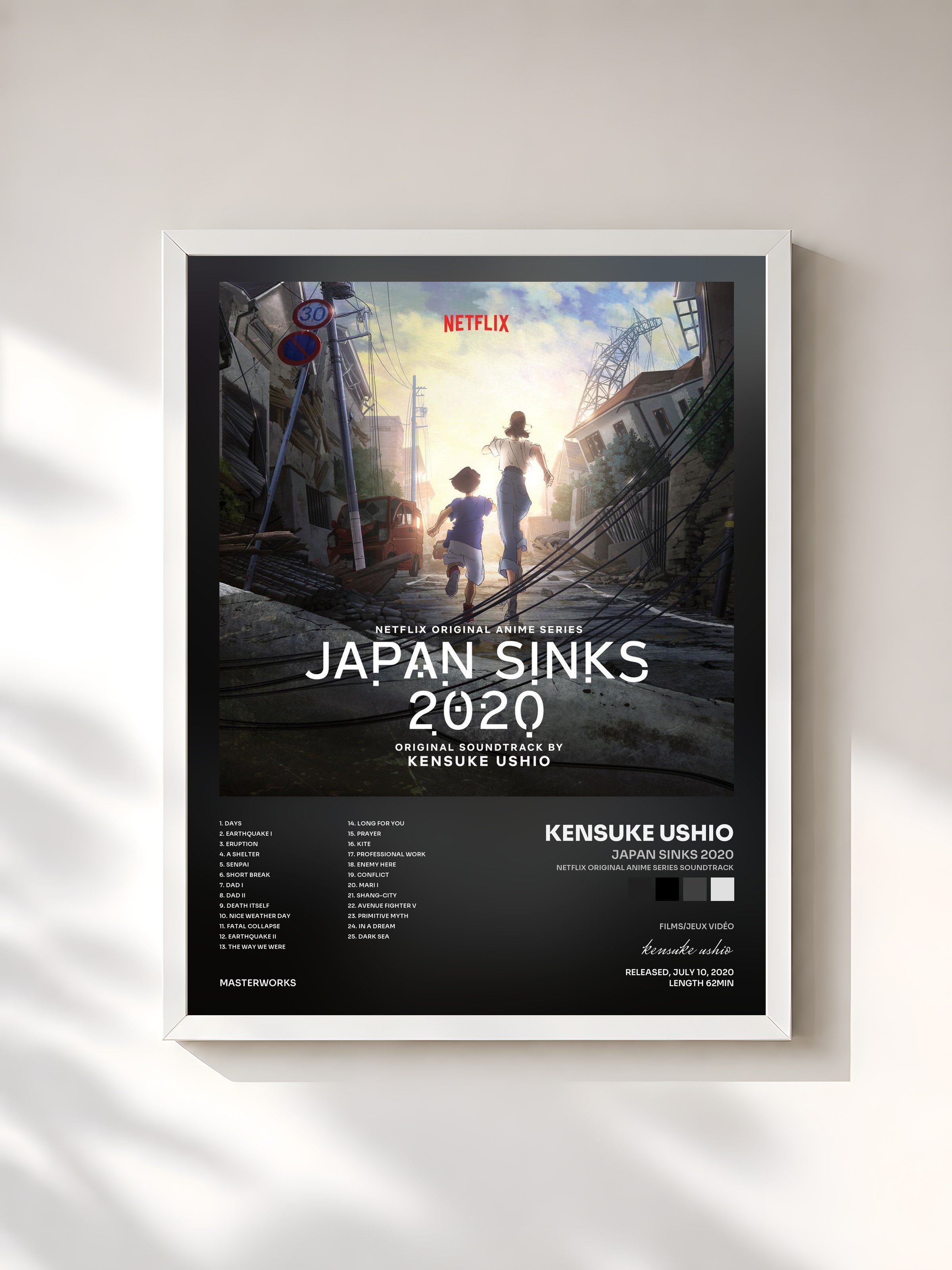 #blanc Tableau de l'album Japan Sinks 2020 (Netflix Original Anime Series Soundtrack) de kensuke ushio, cadre blanc, imprimé et encadré en France