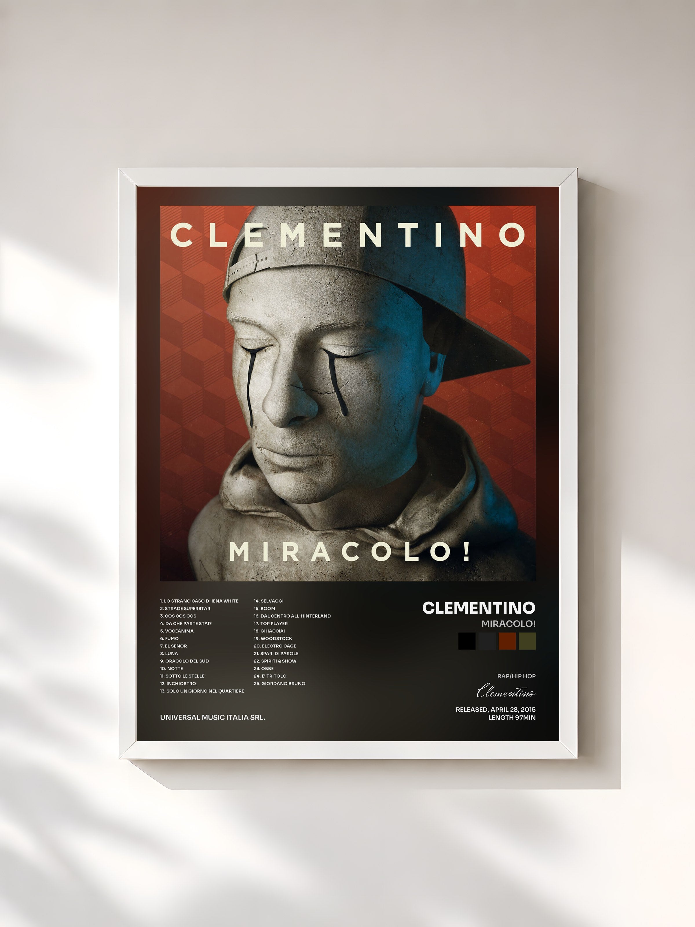 #blanc Tableau de l'album Miracolo! de Clementino, cadre blanc, imprimé et encadré en France