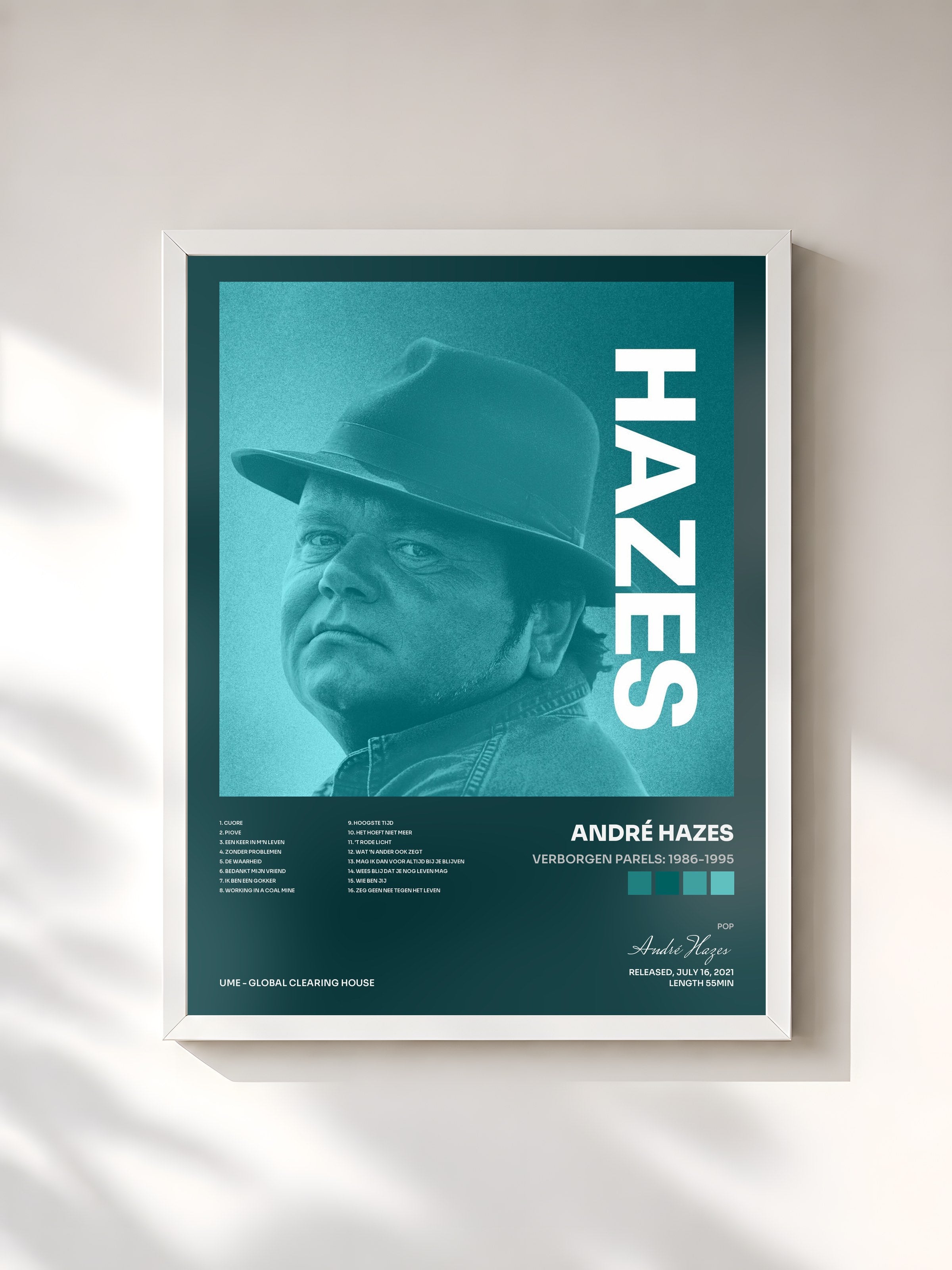 #blanc Tableau de l'album Verborgen Parels: 1986-1995 de André Hazes, cadre blanc, imprimé et encadré en France