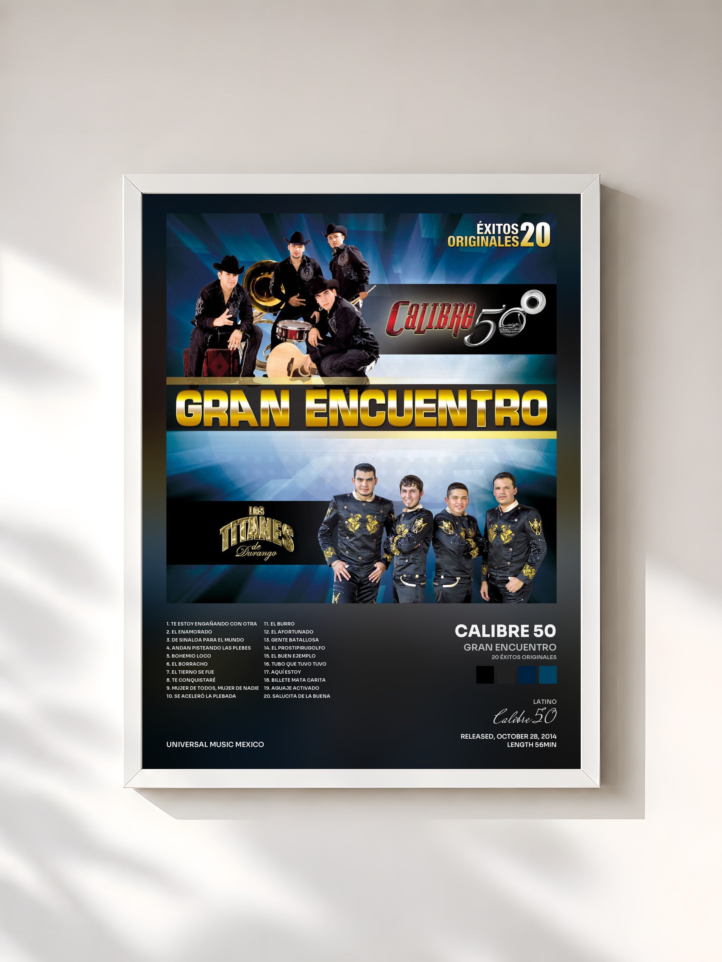 #blanc Tableau de l'album Gran Encuentro (20 Éxitos Originales) de Calibre 50, cadre blanc, imprimé et encadré en France