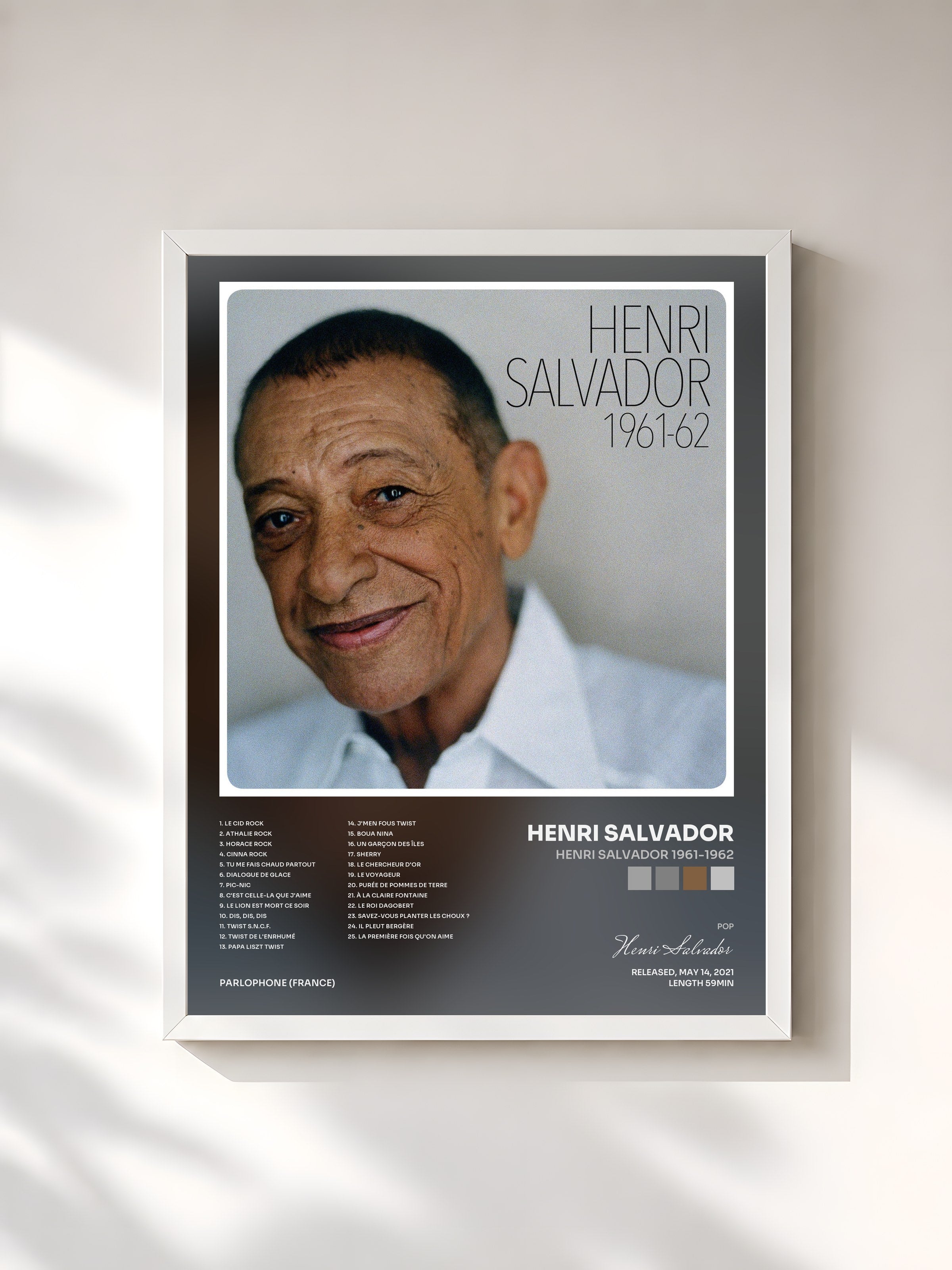 #blanc Tableau de l'album Henri Salvador 1961-1962 de Henri Salvador, cadre blanc, imprimé et encadré en France