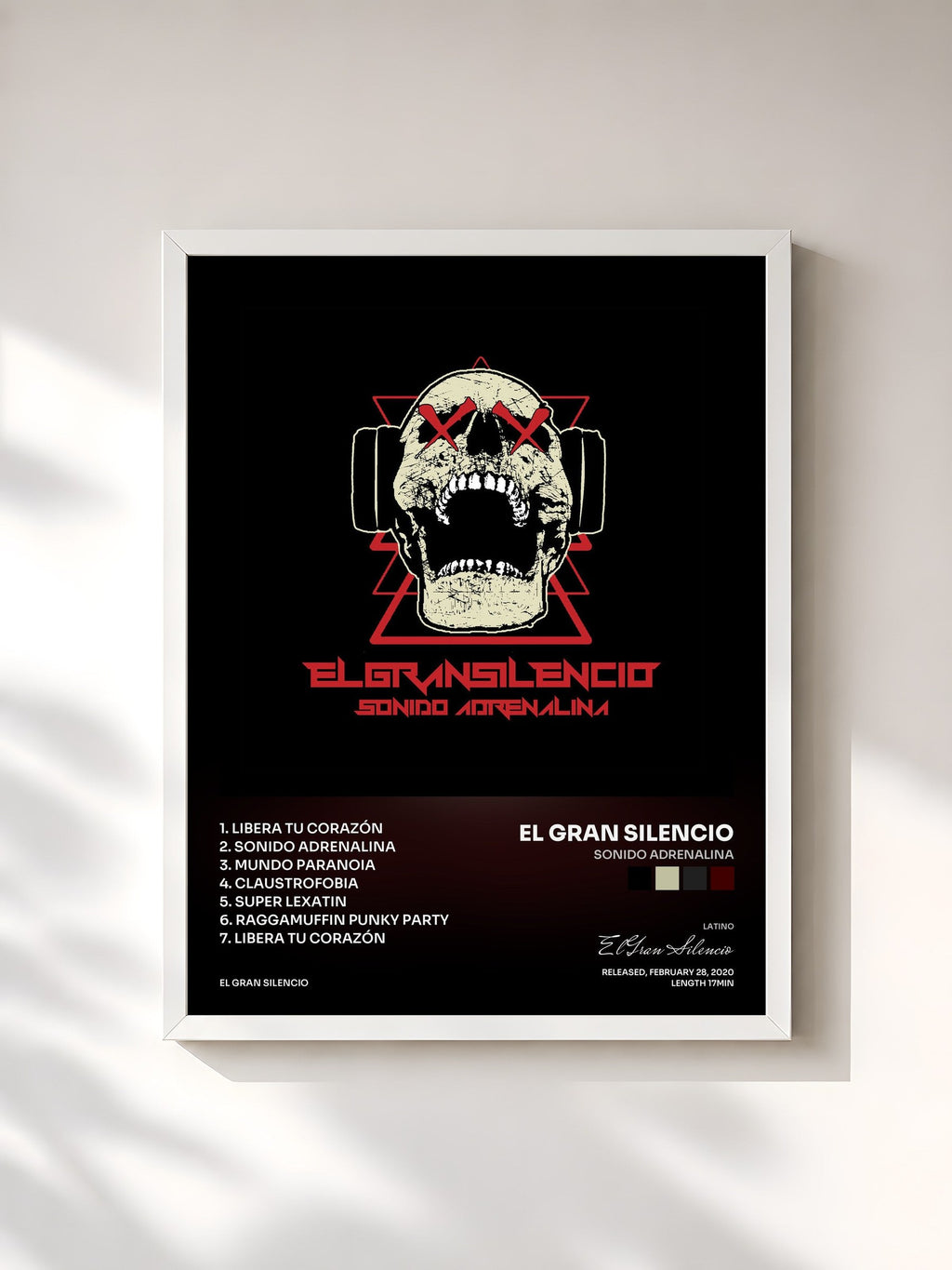 #blanc Sonido Adrenalina de El Gran Silencio en lámina enmarcada, marco blanco, impresa y enmarcada en Francia