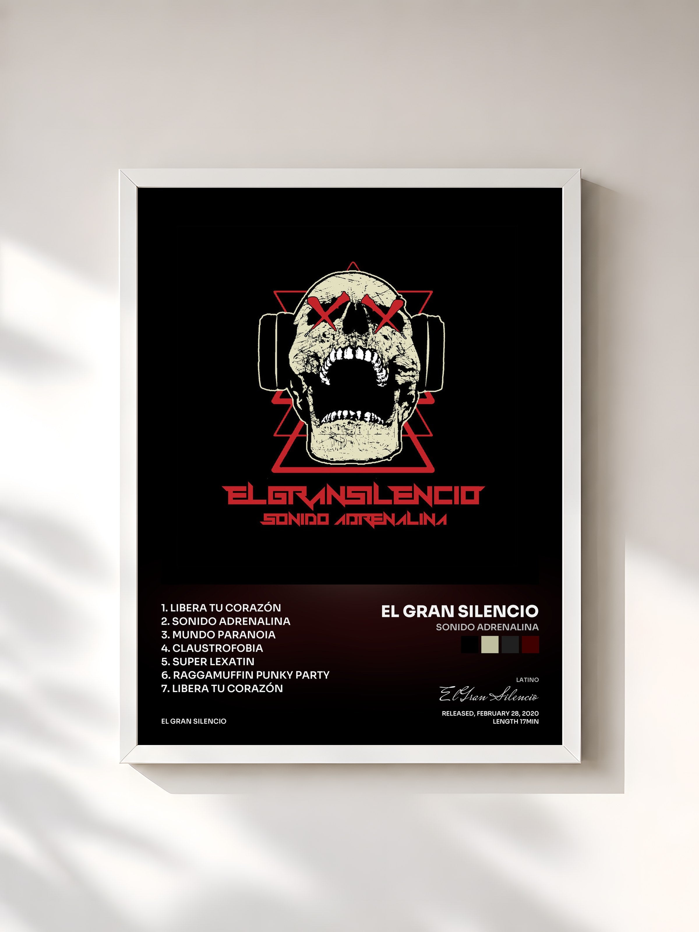 #blanc Tableau de l'album Sonido Adrenalina de El Gran Silencio, cadre blanc, imprimé et encadré en France