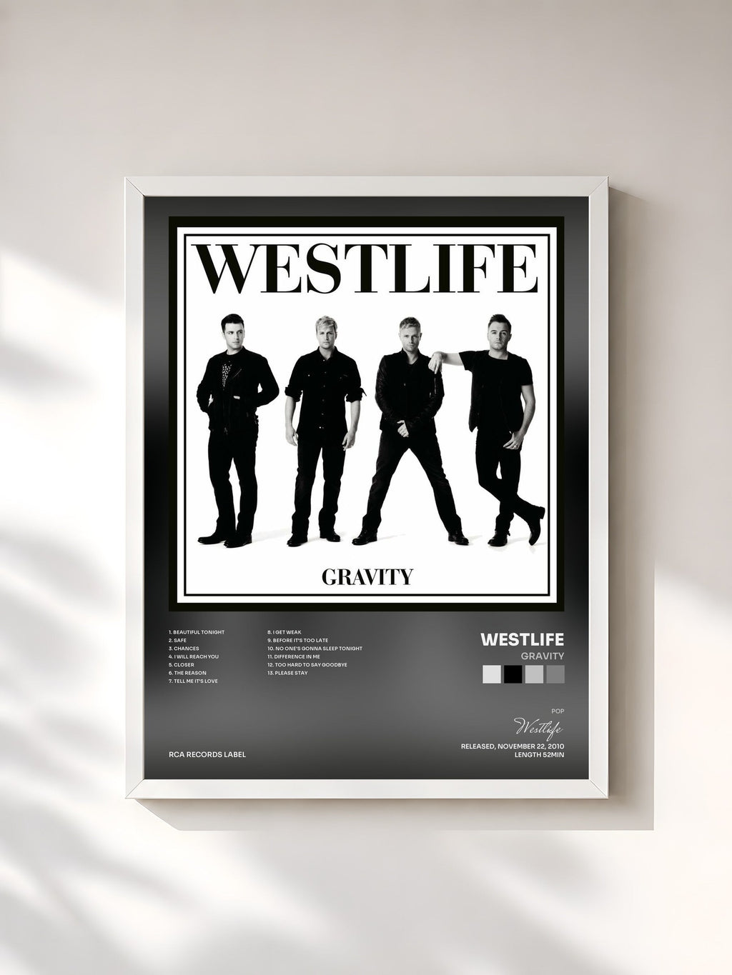 #blanc Tableau de l'album Gravity de Westlife, cadre blanc, imprimé et encadré en France
