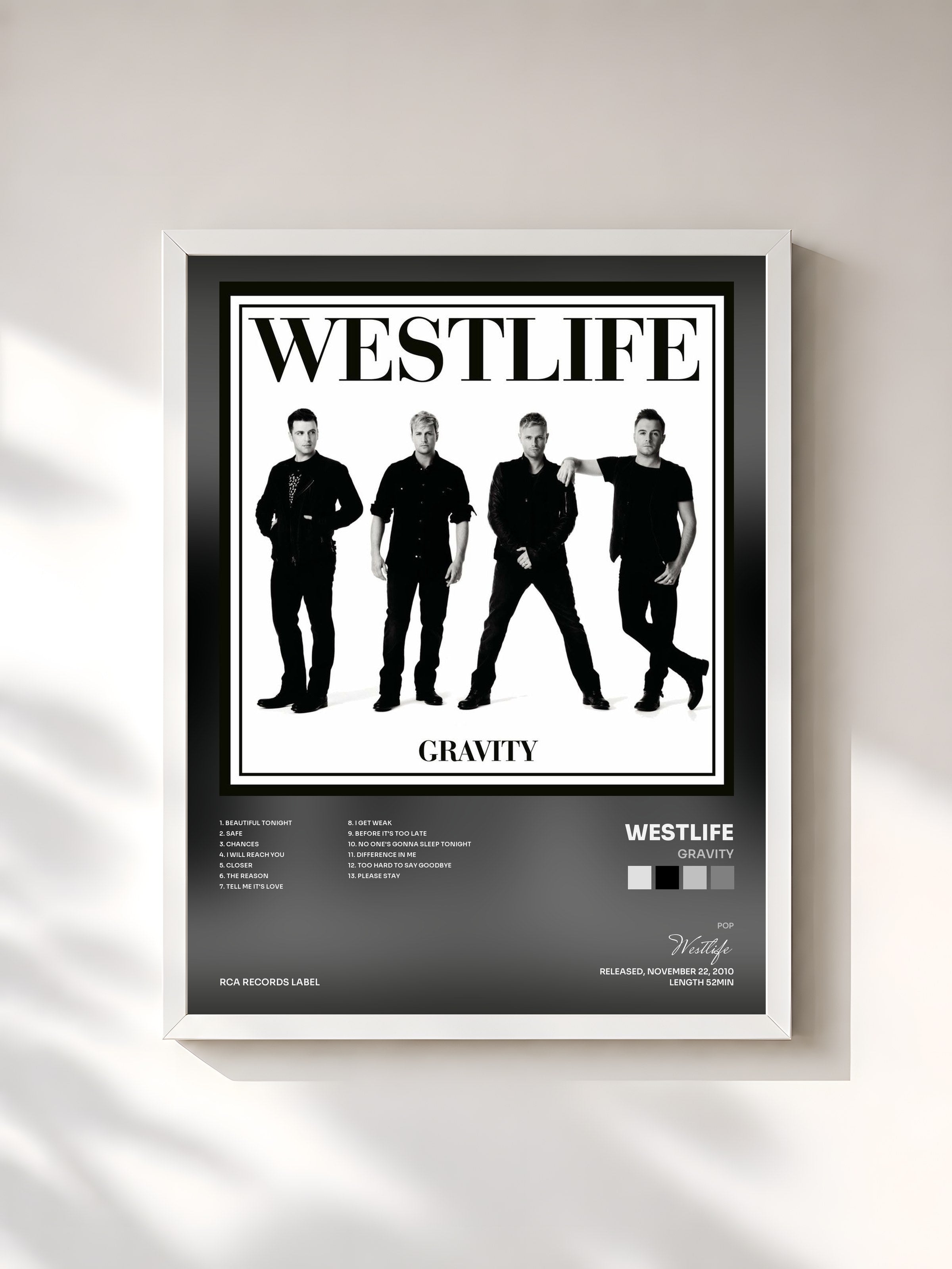 #blanc Tableau de l'album Gravity de Westlife, cadre blanc, imprimé et encadré en France