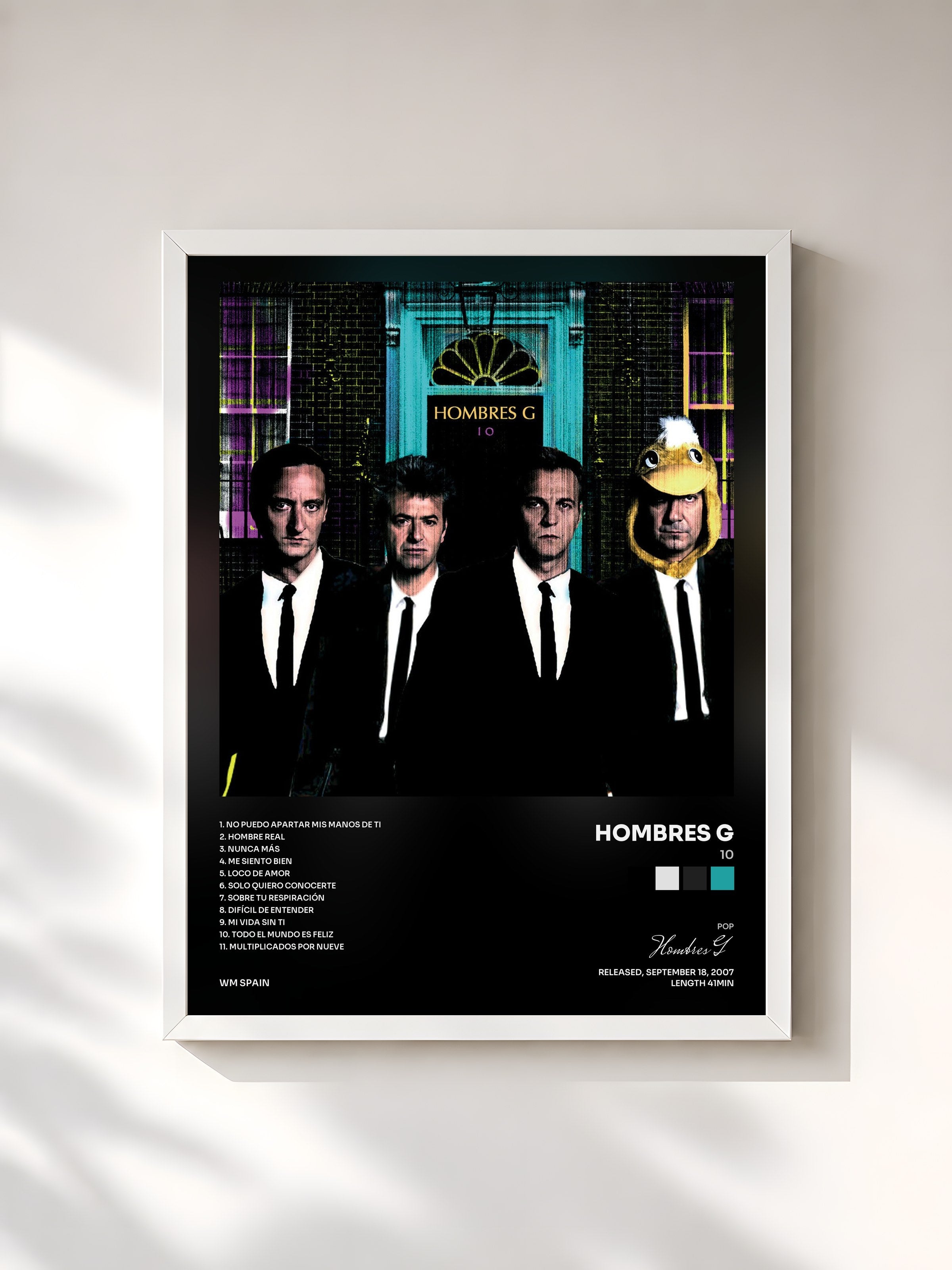 #blanc Tableau de l'album 10 de Hombres G, cadre blanc, imprimé et encadré en France