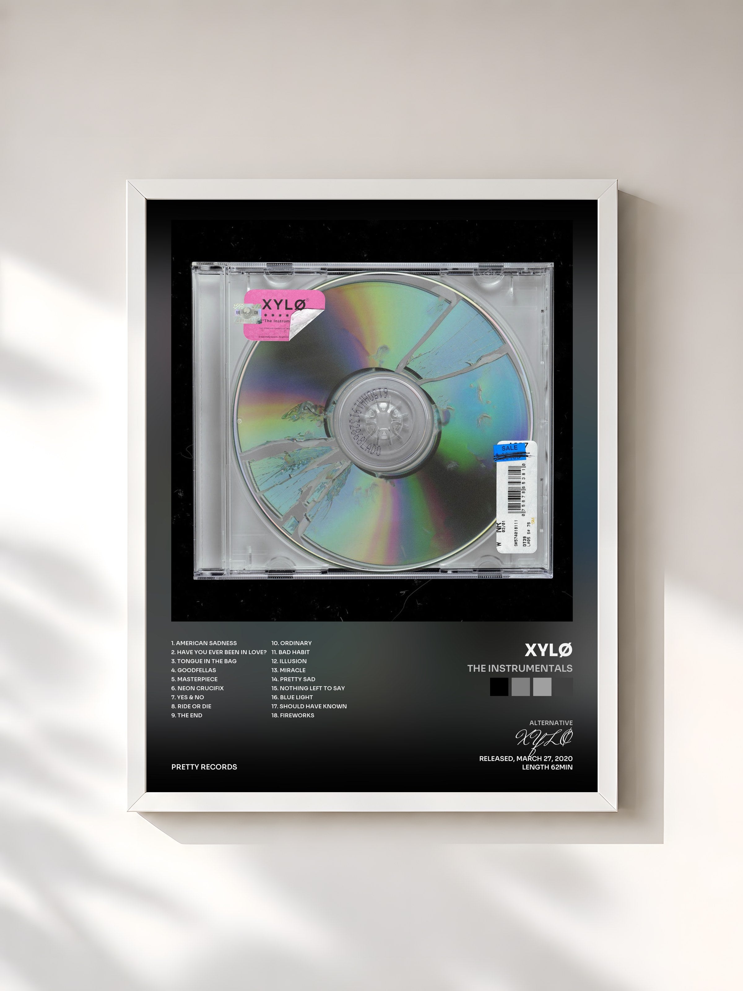 #blanc Tableau de l'album The Instrumentals de XYLØ, cadre blanc, imprimé et encadré en France