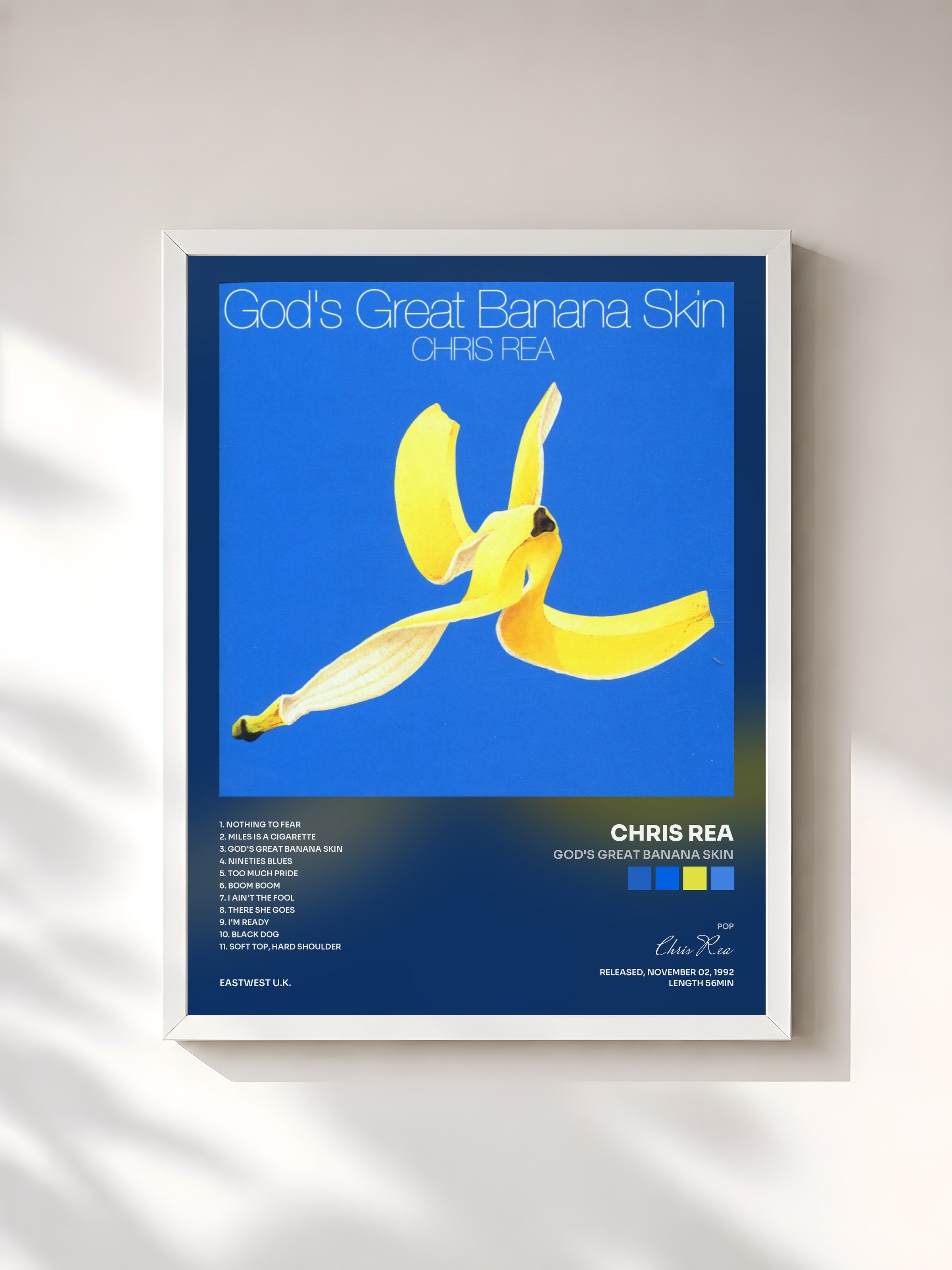 #blanc Tableau de l'album God's Great Banana Skin de Chris Rea, cadre blanc, imprimé et encadré en France
