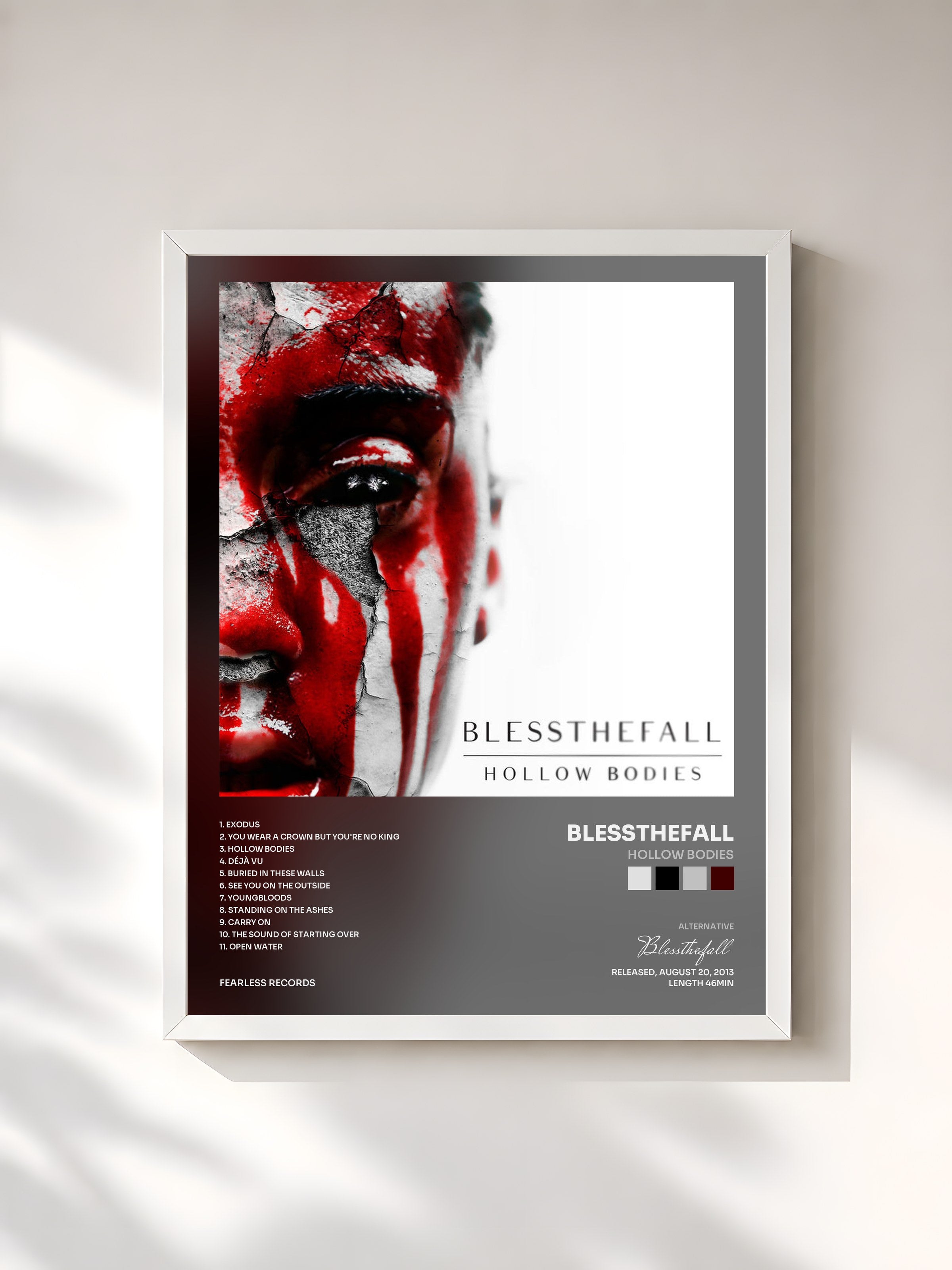 #blanc Tableau de l'album Hollow Bodies de Blessthefall, cadre blanc, imprimé et encadré en France
