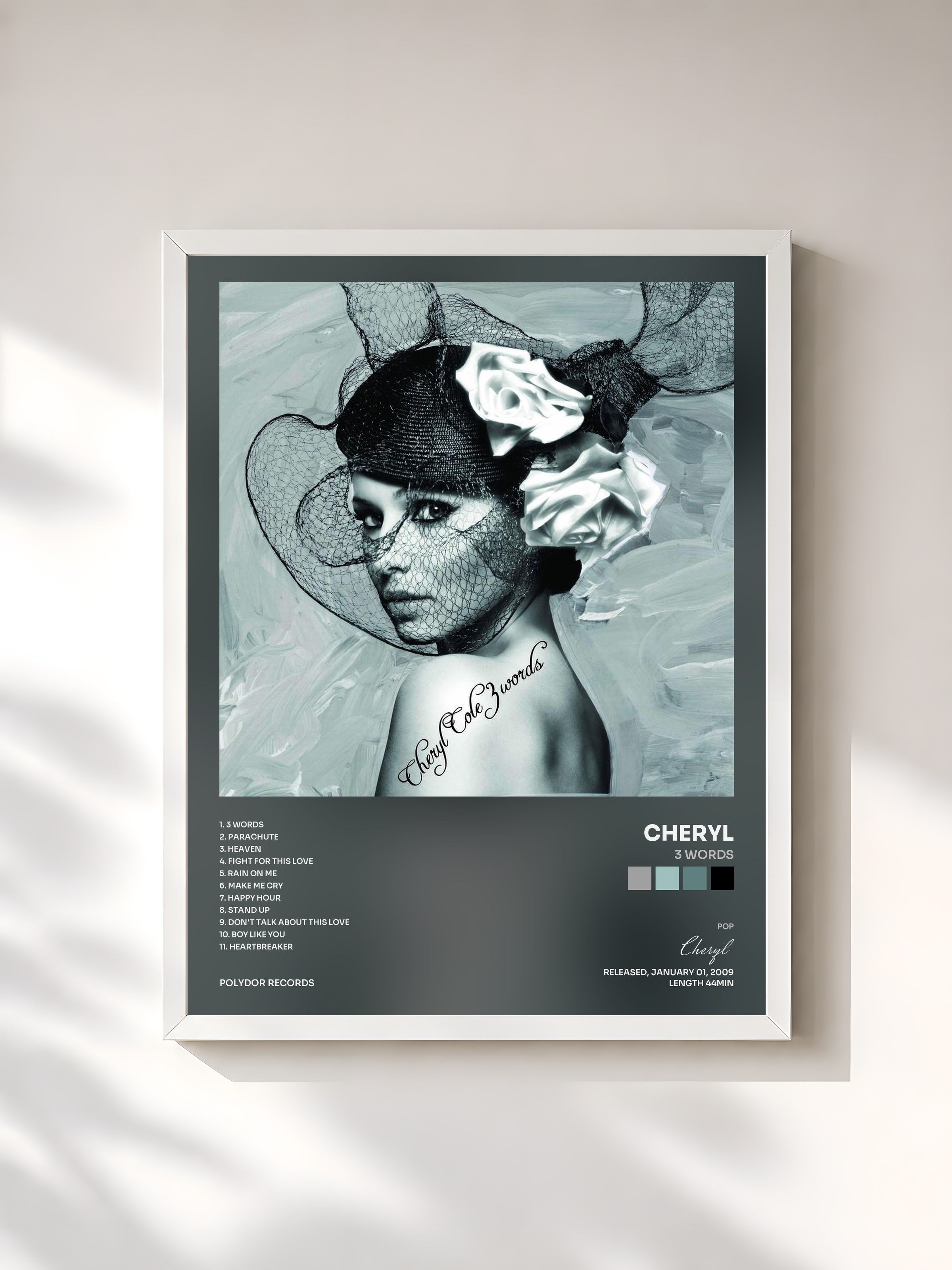 #blanc Tableau de l'album 3 Words de Cheryl, cadre blanc, imprimé et encadré en France