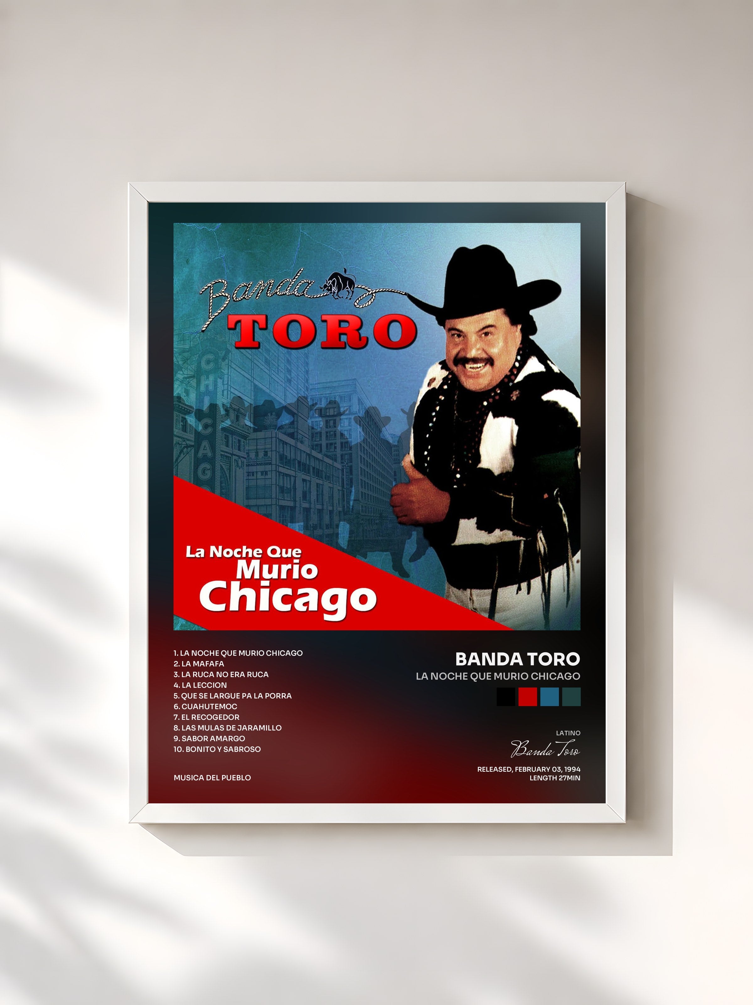 #blanc Tableau de l'album La Noche Que Murio Chicago de Banda Toro, cadre blanc, imprimé et encadré en France