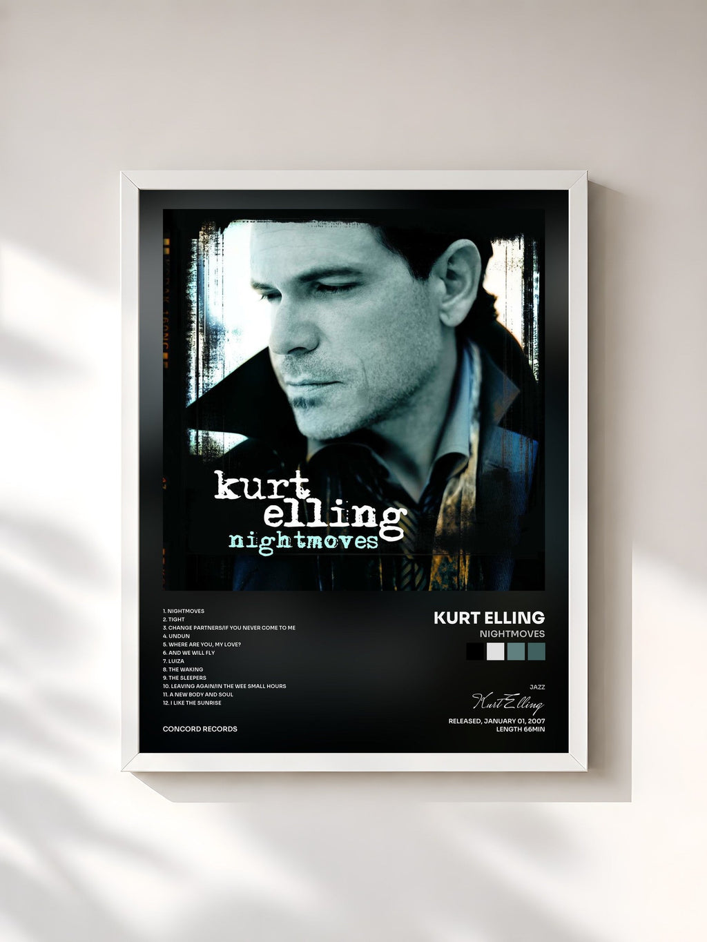 #blanc Tableau de l'album Nightmoves de Kurt Elling, cadre blanc, imprimé et encadré en France