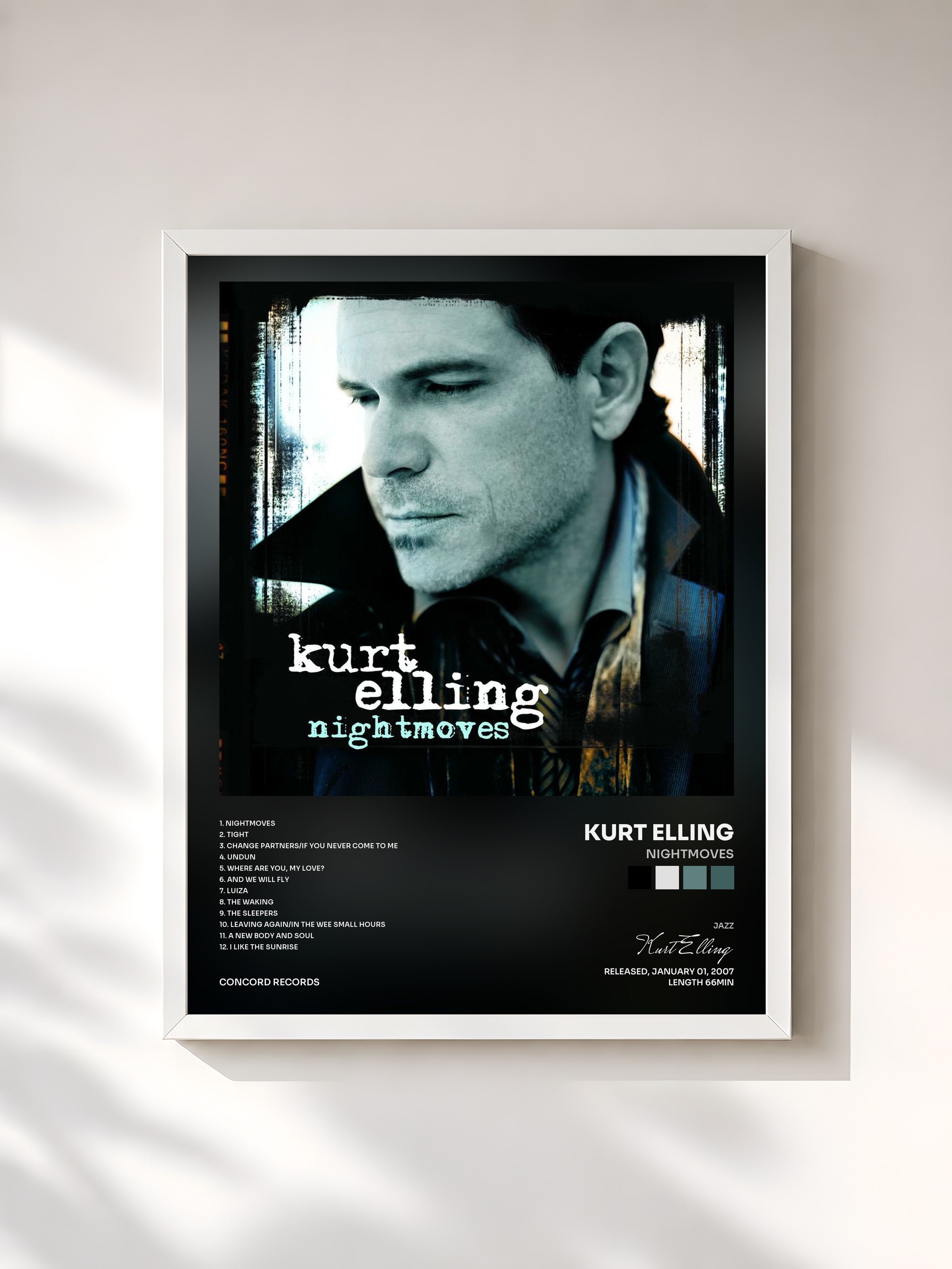 #blanc Tableau de l'album Nightmoves de Kurt Elling, cadre blanc, imprimé et encadré en France