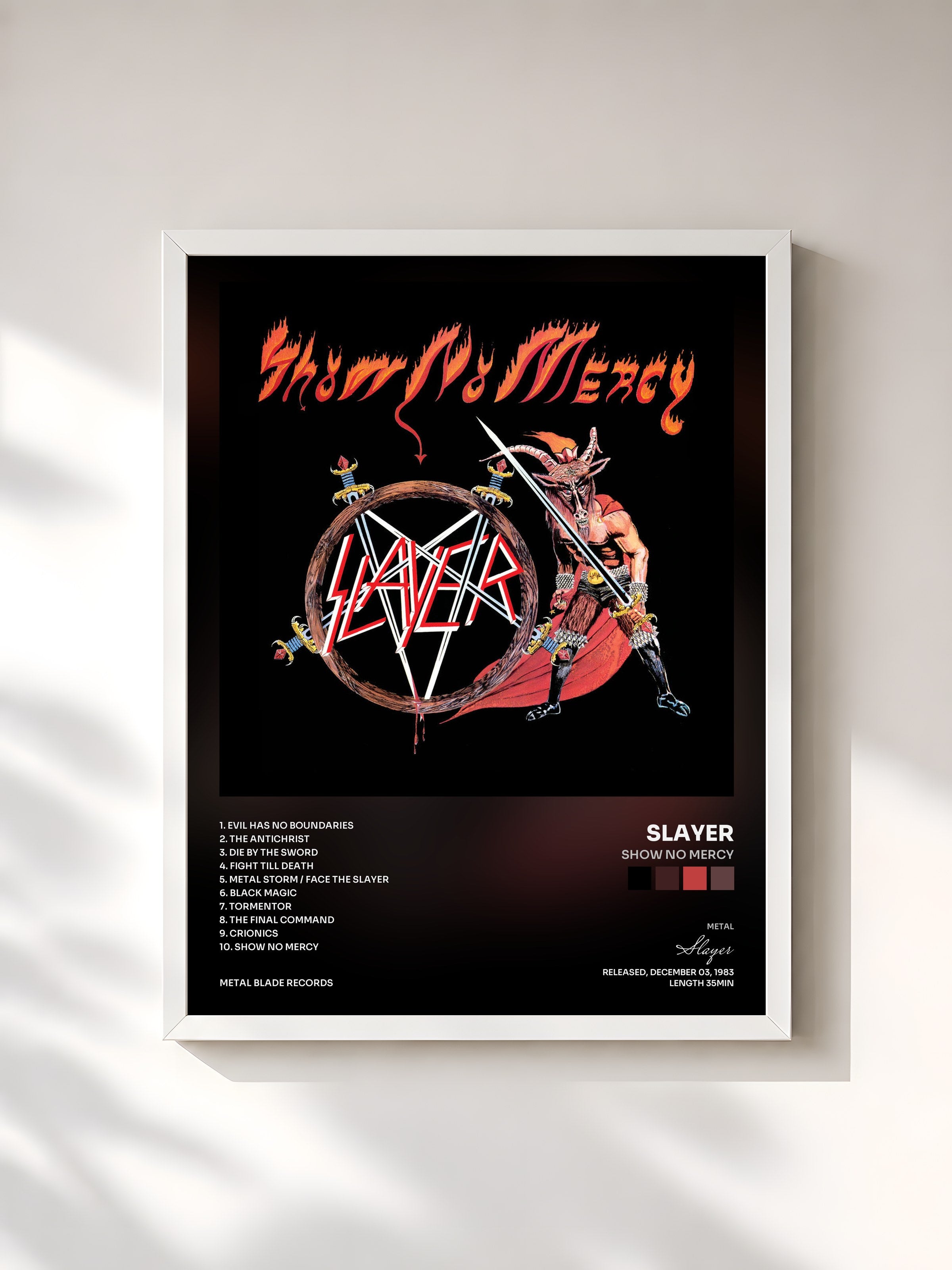 #blanc Tableau de l'album Show No Mercy de Slayer, cadre blanc, imprimé et encadré en France