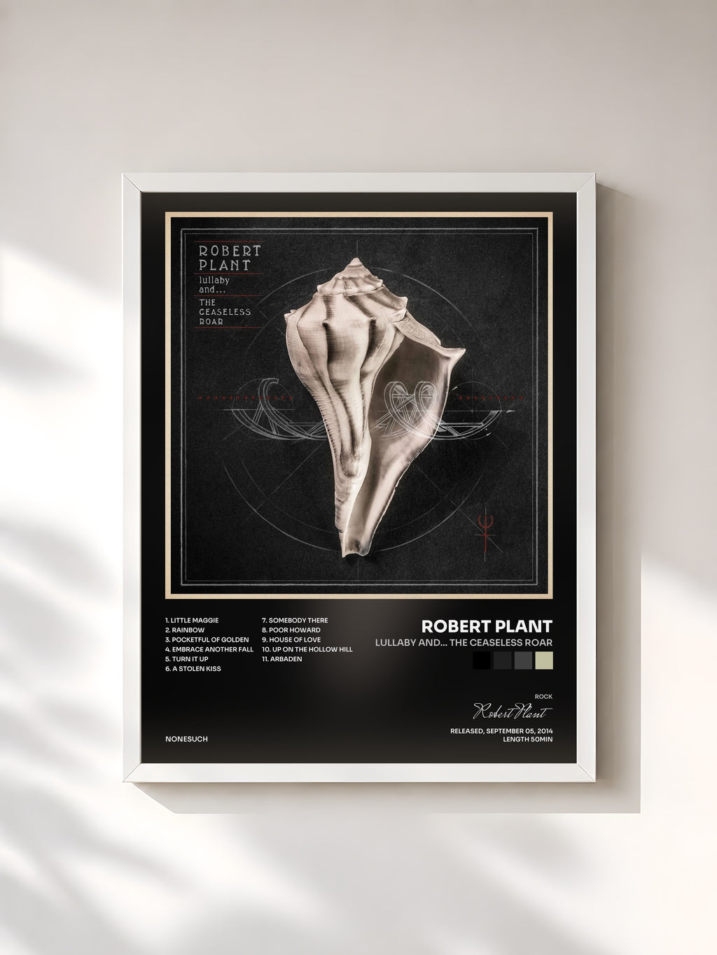 #blanc Tableau de l'album lullaby and... The Ceaseless Roar de Robert Plant, cadre blanc, imprimé et encadré en France