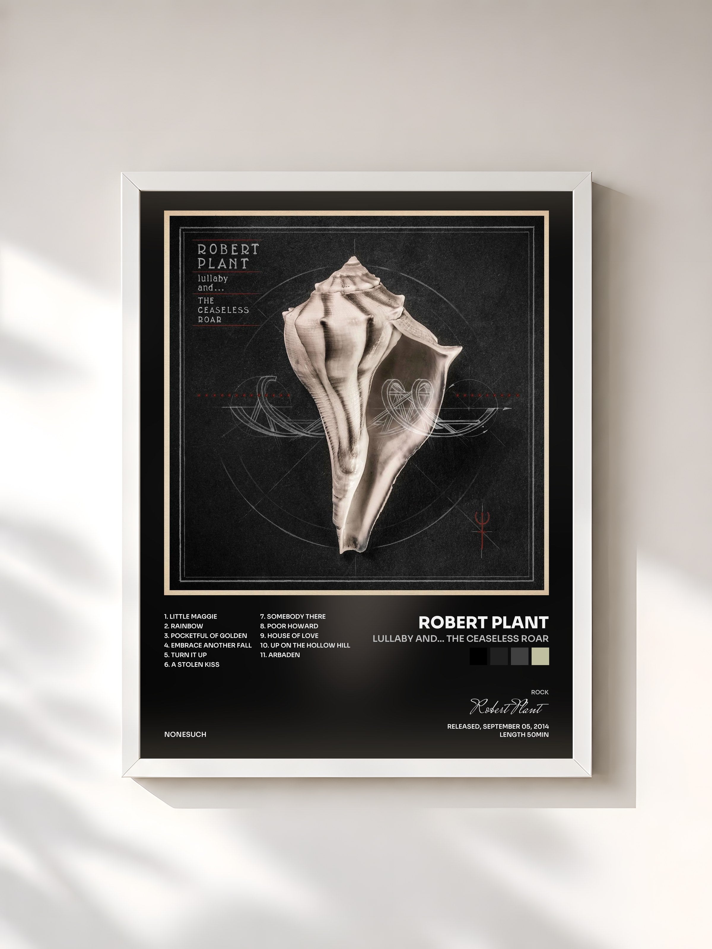 #blanc Tableau de l'album lullaby and... The Ceaseless Roar de Robert Plant, cadre blanc, imprimé et encadré en France