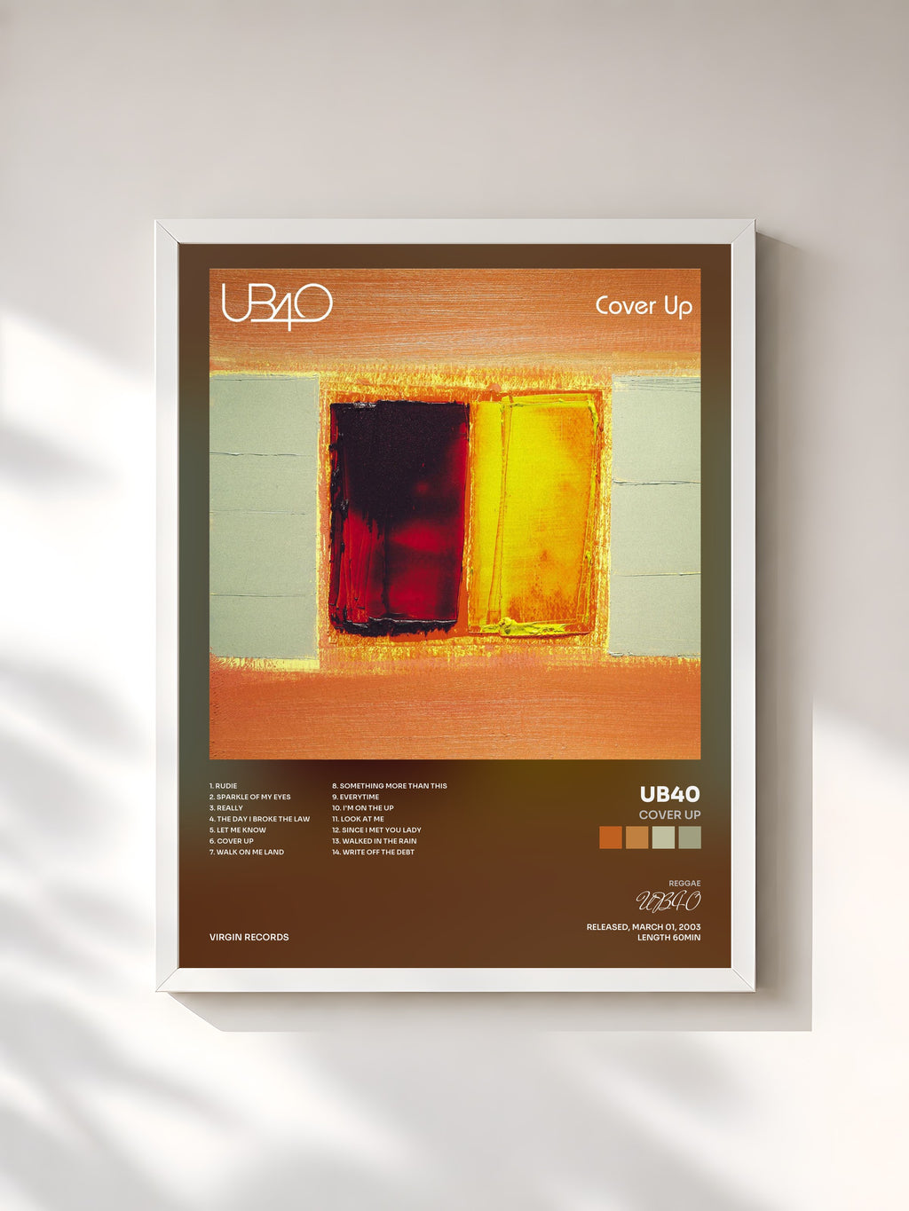 #blanc Tableau de l'album Cover Up de UB40, cadre blanc, imprimé et encadré en France