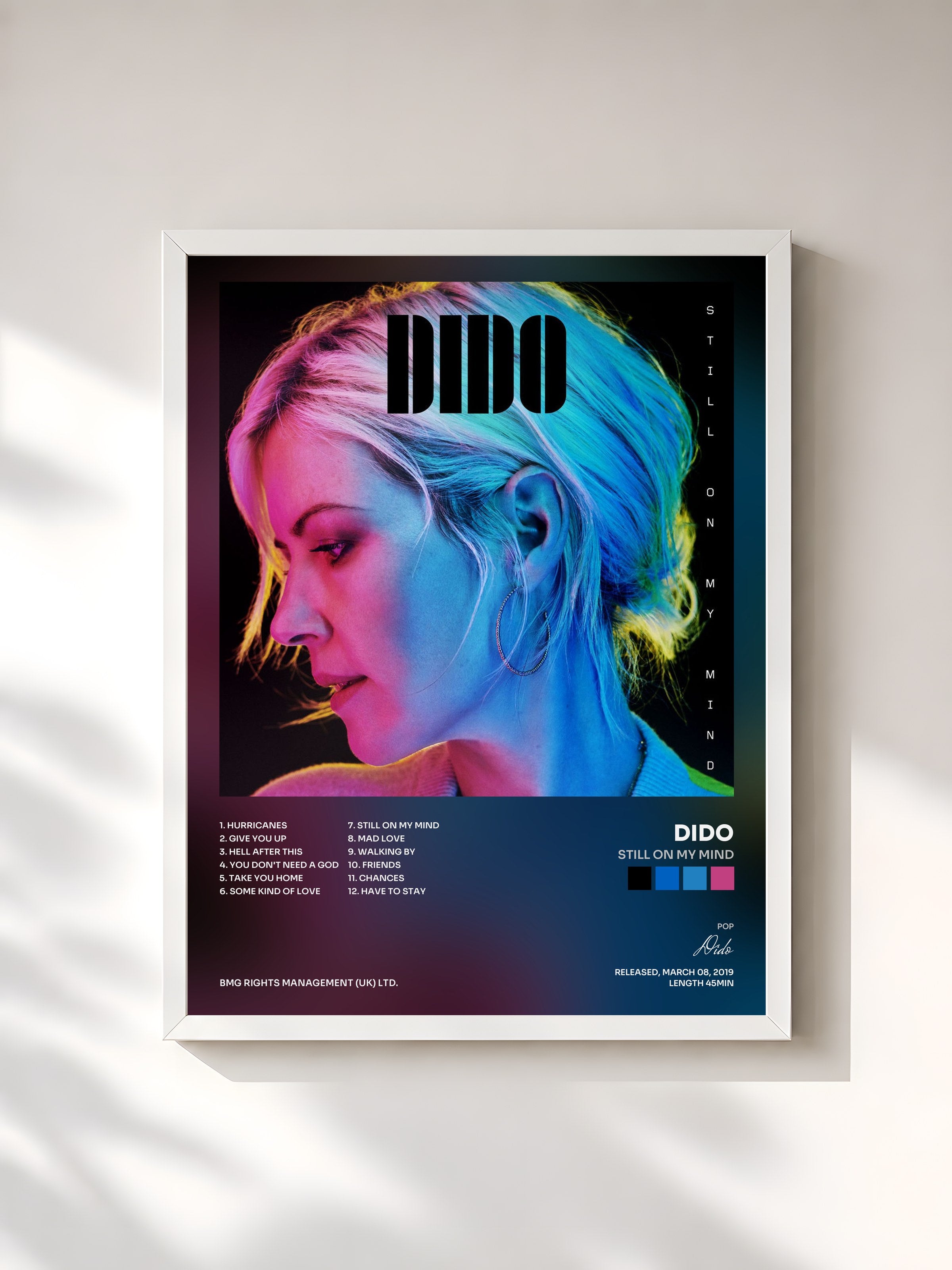 #blanc Tableau de l'album Still on My Mind de Dido, cadre blanc, imprimé et encadré en France