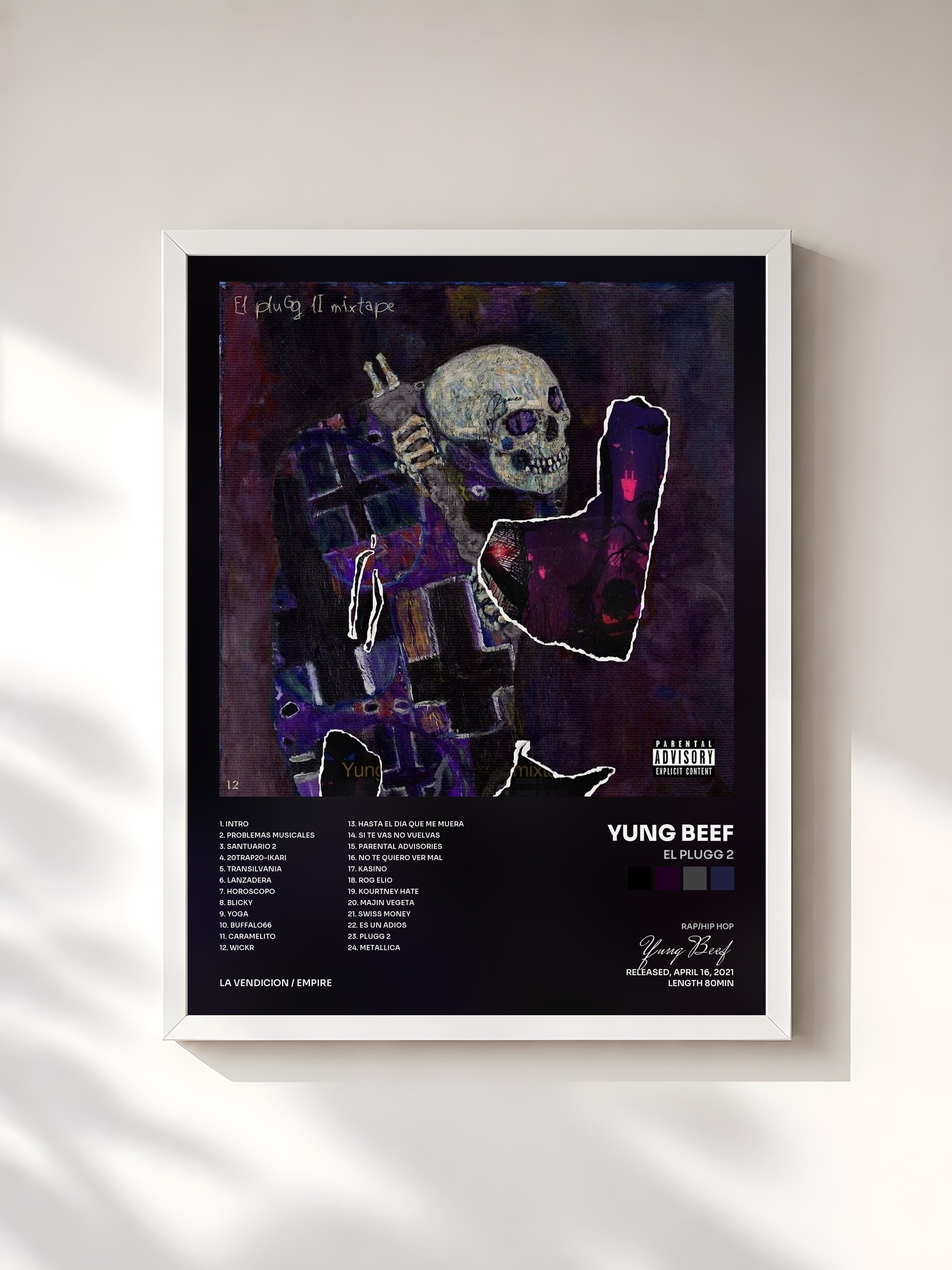 #blanc Tableau de l'album El Plugg 2 de Yung Beef, cadre blanc, imprimé et encadré en France