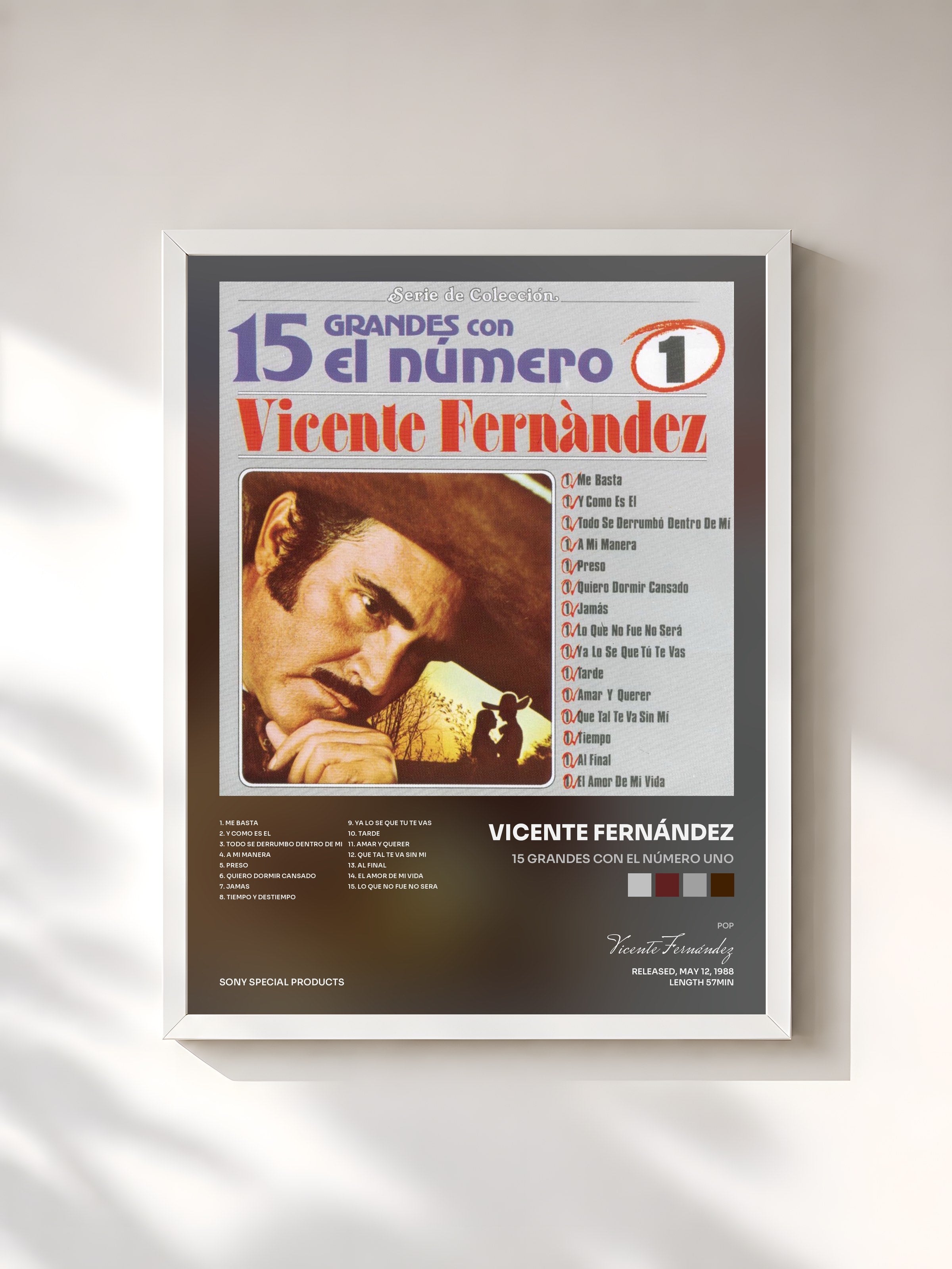 #blanc Tableau de l'album 15 Grandes Con El Número Uno de Vicente Fernández, cadre blanc, imprimé et encadré en France