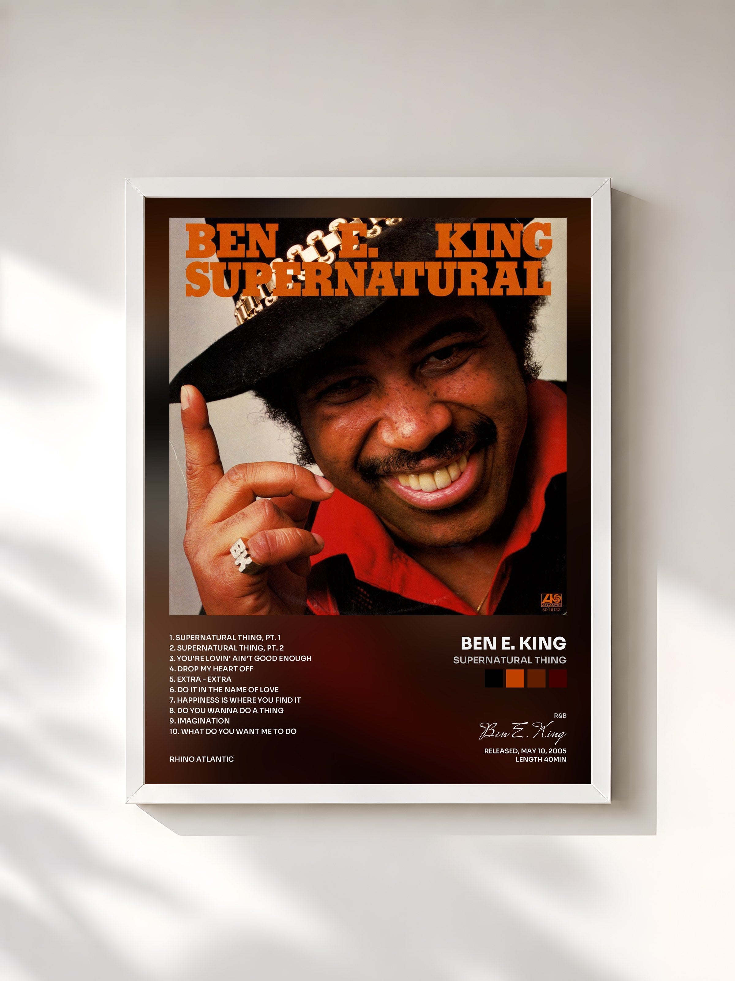#blanc Tableau de l'album Supernatural Thing de Ben E. King, cadre blanc, imprimé et encadré en France