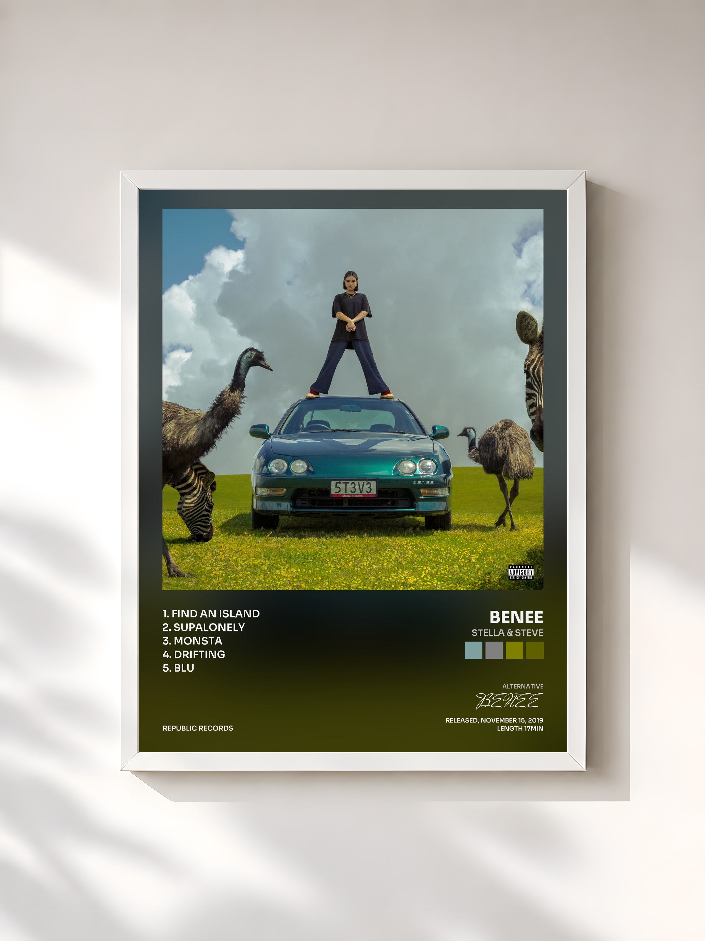 #blanc Tableau de l'album STELLA & STEVE de BENEE, cadre blanc, imprimé et encadré en France