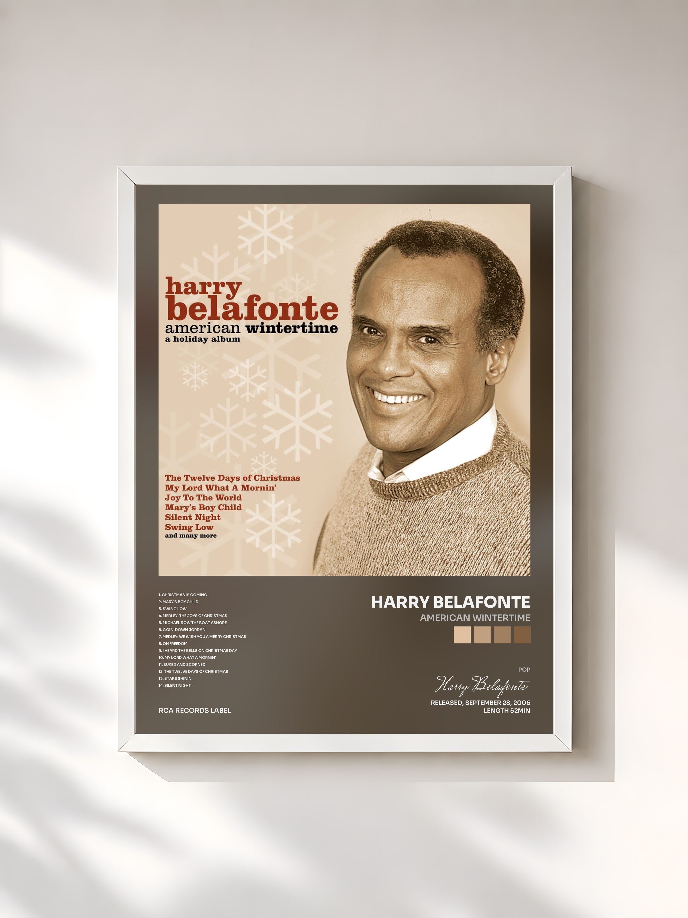 #blanc Tableau de l'album American Wintertime de Harry Belafonte, cadre blanc, imprimé et encadré en France