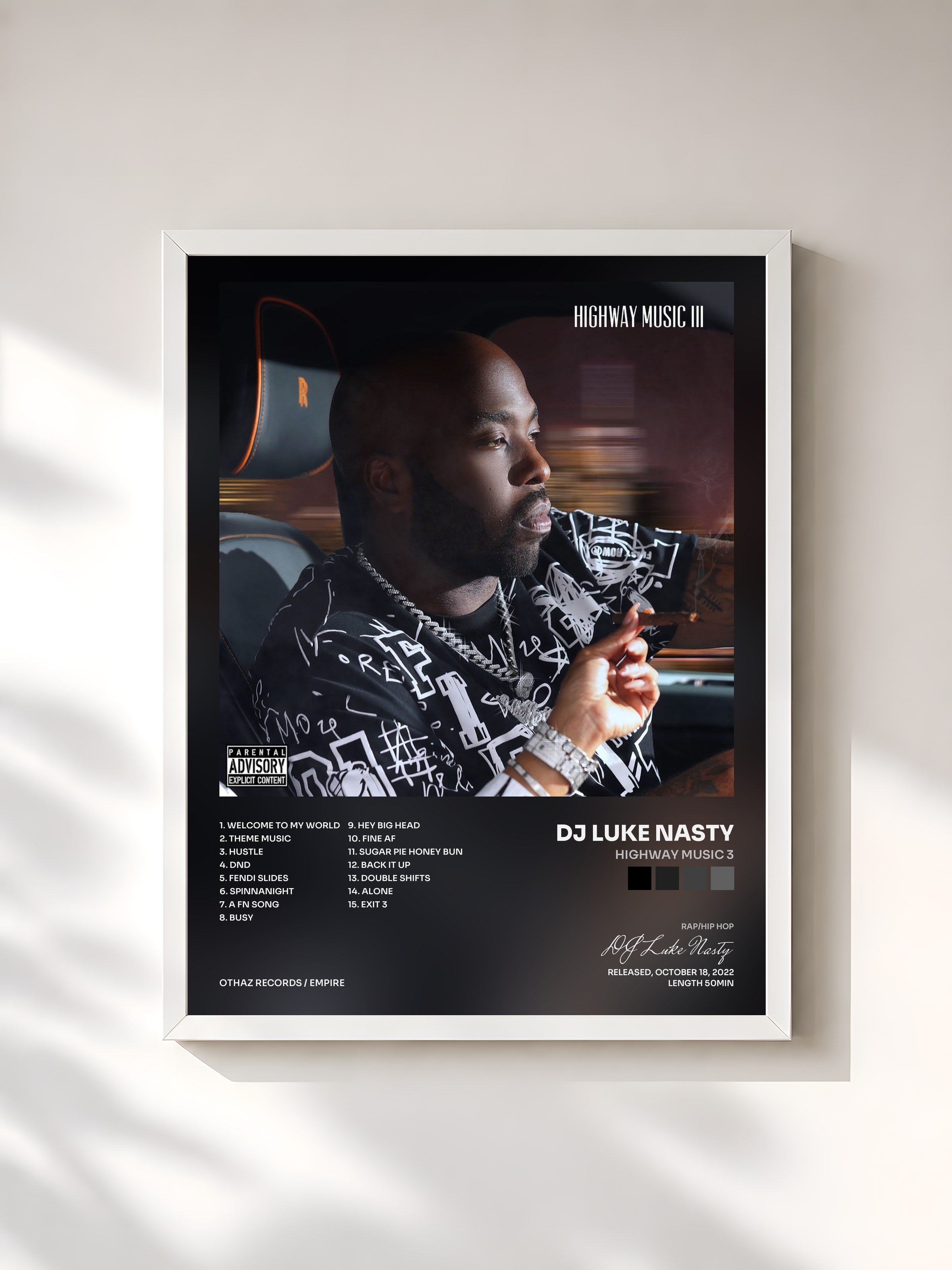 #blanc Tableau de l'album Highway Music 3 de DJ Luke Nasty, cadre blanc, imprimé et encadré en France